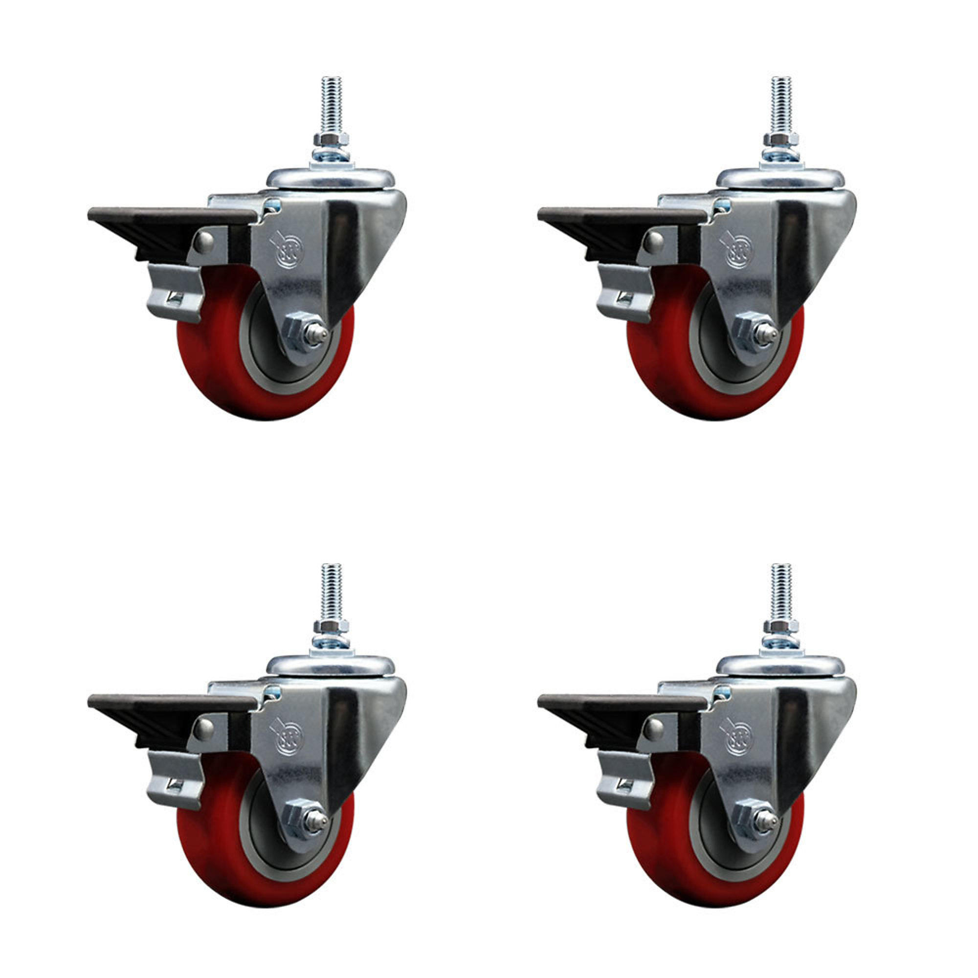 Service Caster, 3Inch x 1 1/4Inch Stem Casters, Wheel Diameter 3 in, Caster Type Swivel, Package (qty.) 4, Model SCC-TS20S314-PPUB-RED-PLB-381615-4