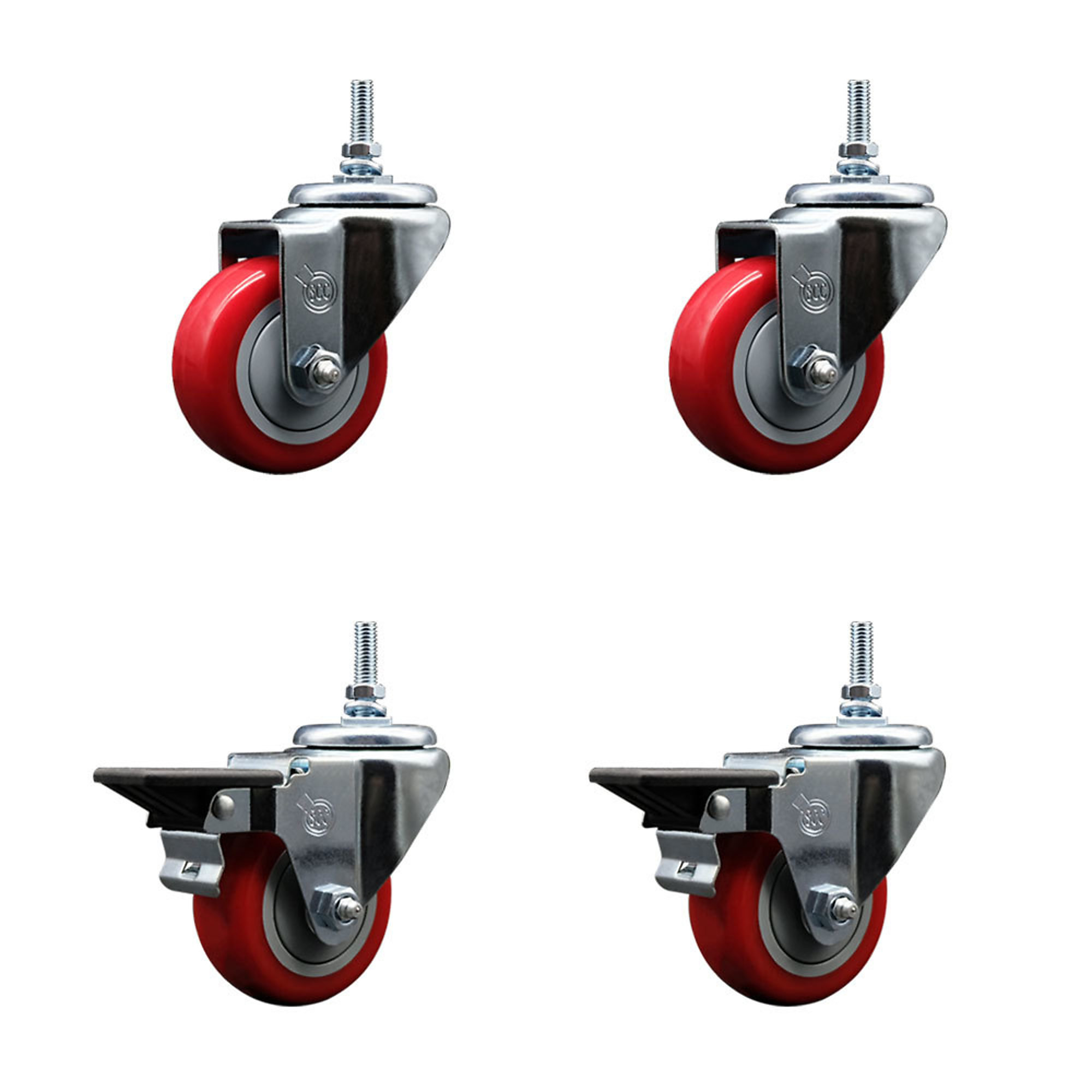 Service Caster, 3Inch x 1 1/4Inch Stem Casters, Wheel Diameter 3 in, Caster Type Swivel, Package (qty.) 4, Model SCC-TS20S314-PPUB-RED-M1215-2-PLB-2