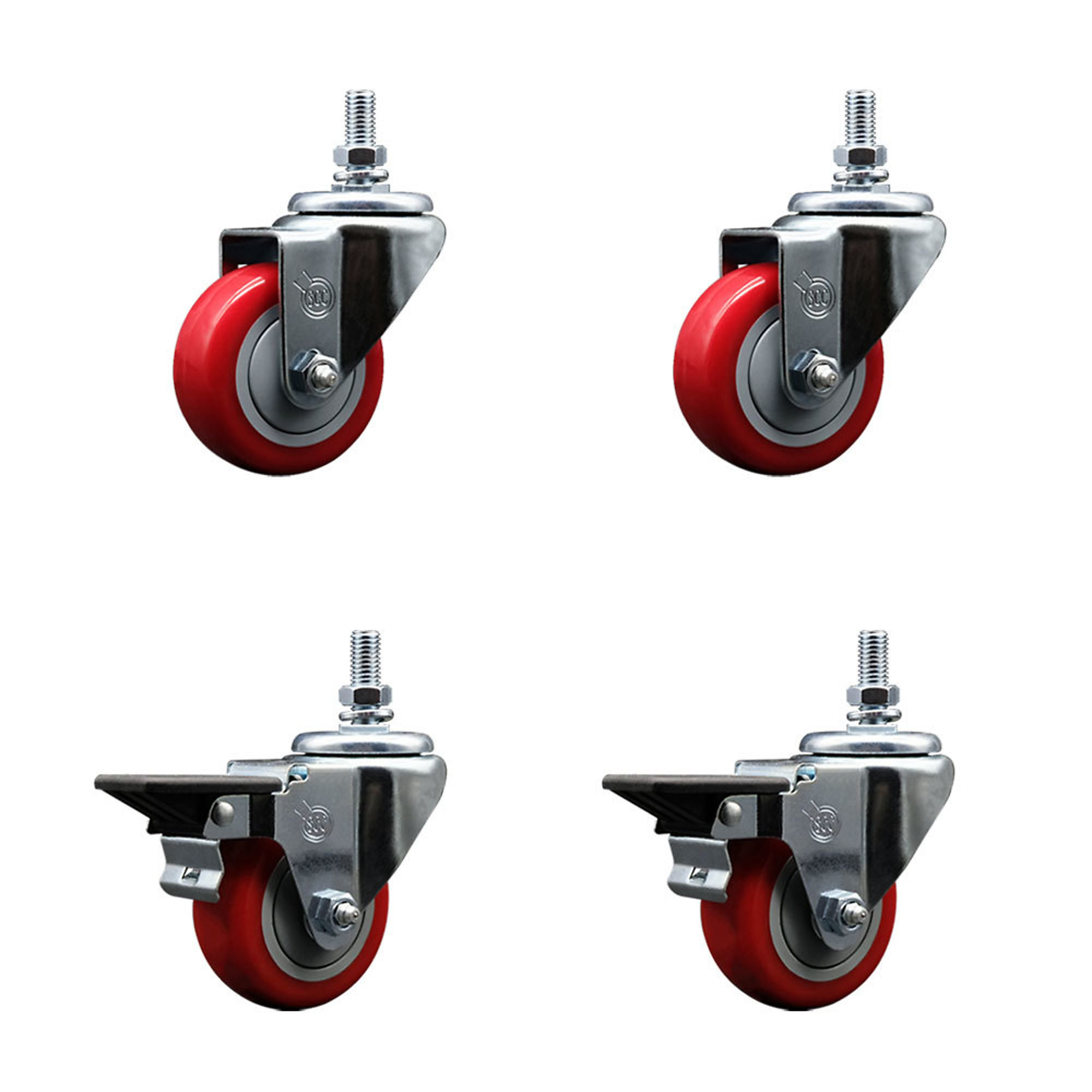 Service Caster, 3Inch x 1 1/4Inch Stem Casters, Wheel Diameter 3 in, Caster Type Swivel, Package (qty.) 4, Model SCC-TS20S314-PPUB-RED-M1015-2-PLB-2