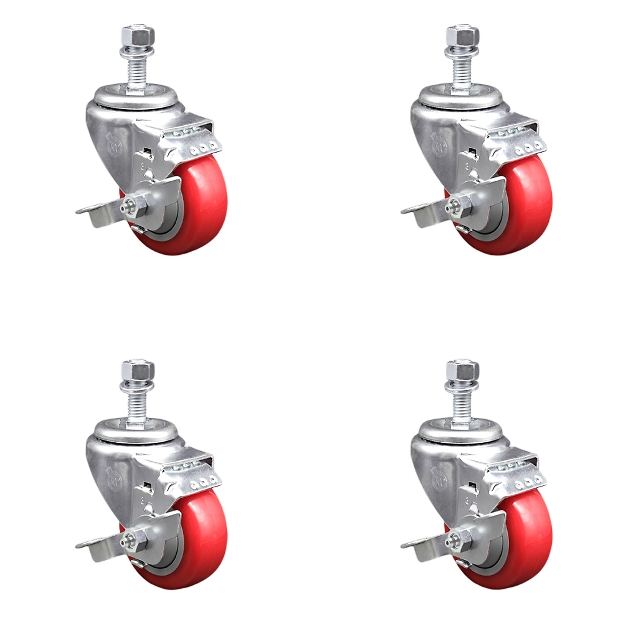 Service Caster, 3Inch x 1 1/4Inch Stem Casters, Wheel Diameter 3 in, Caster Type Swivel, Package (qty.) 4, Model SCC-TS20S314-PPUB-RED-TLB-M1215-4