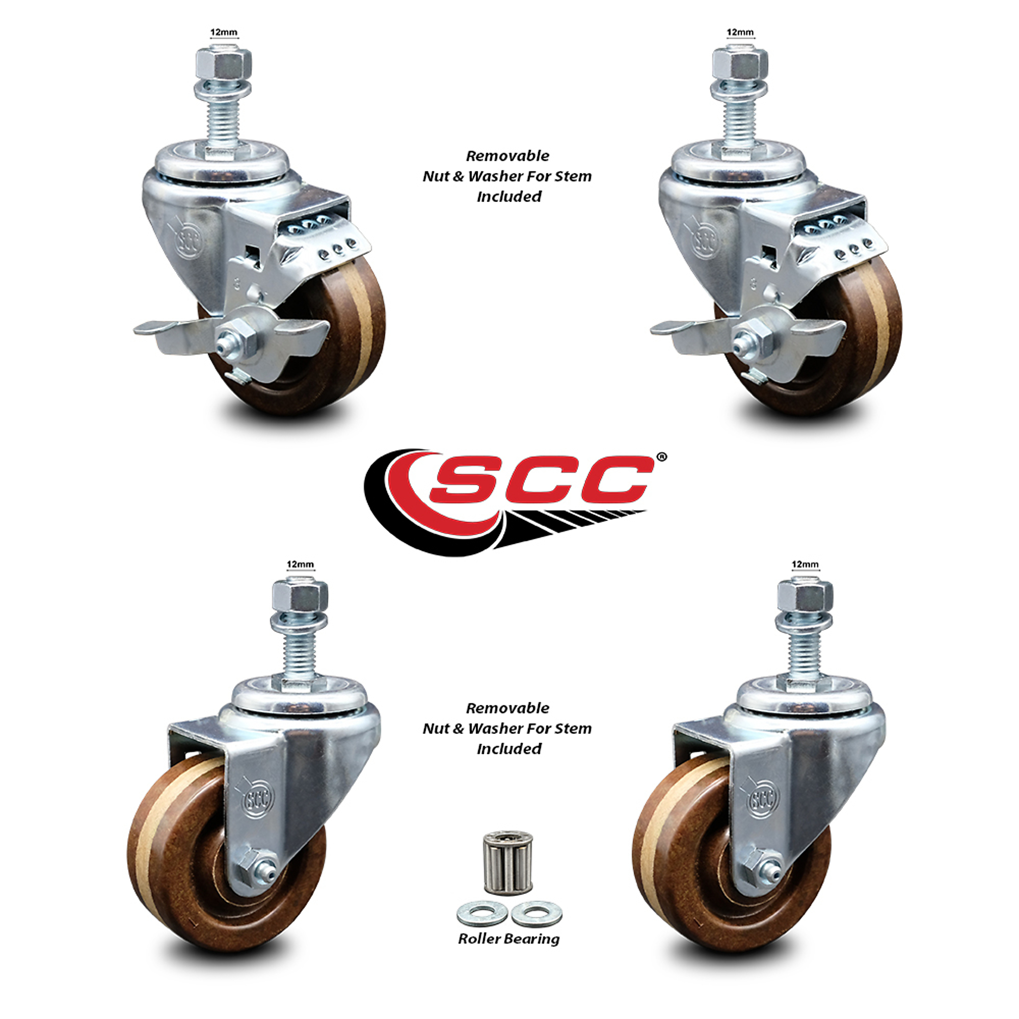 Service Caster, 3Inch x 1 1/4Inch Stem Casters, Wheel Diameter 3 in, Caster Type Swivel, Package (qty.) 4, Model SCC-TS20S314-PHRHT-M1215-2-TLB-2