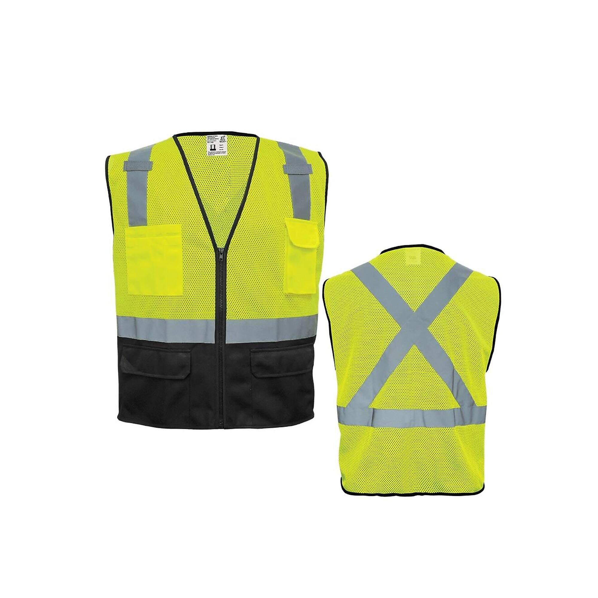 FrogWear, HV Yellow/Green Class 2 X-Back, 6 Pocket, Black Bottom Vest, Size XL, Color High-Visibility Yellow/Green/Black, Model GLO-019-XL