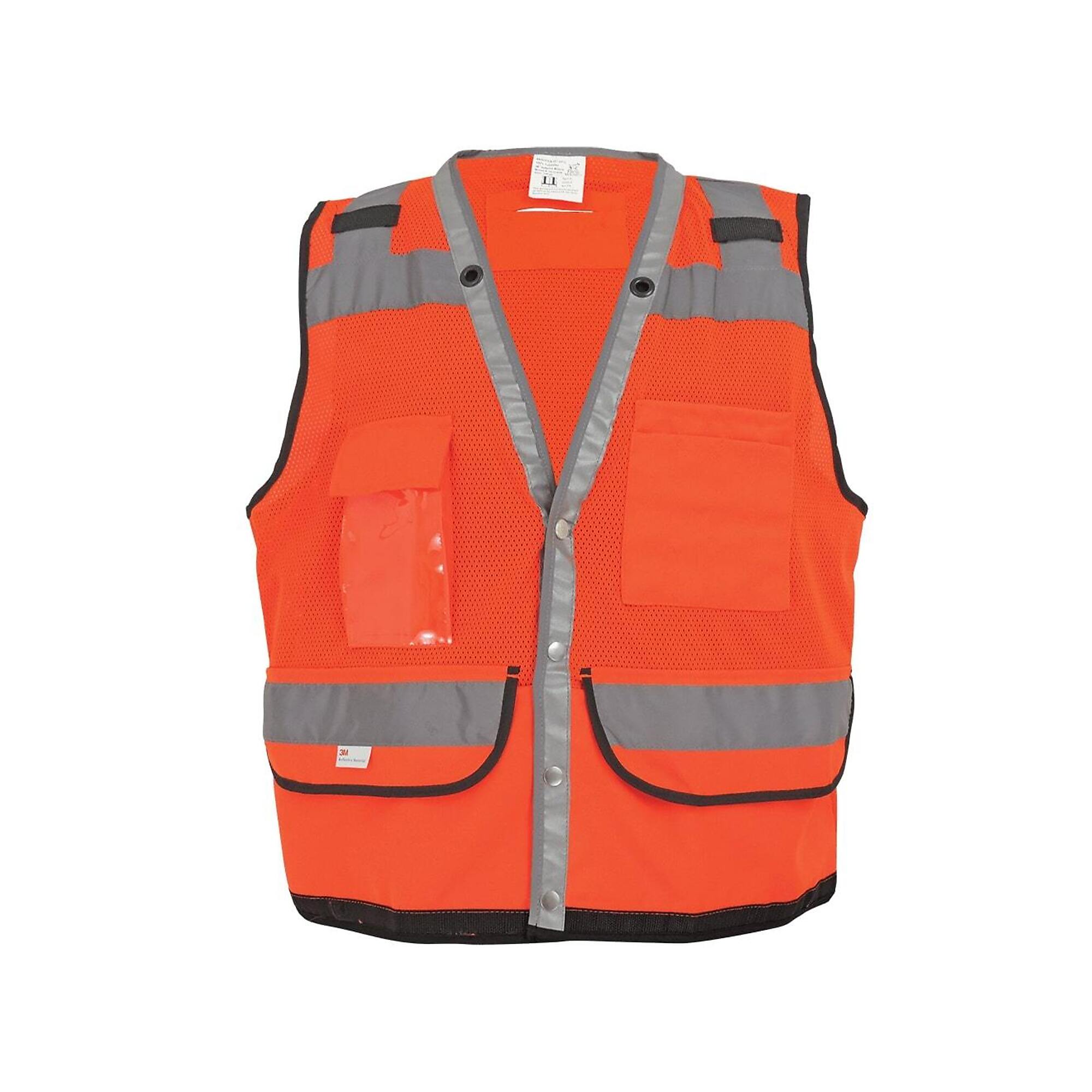 FrogWear, HV Orange Class 2 8 Pocket, Snap Closure, Mesh/Solid Vest, Size 3XL, Color High-Visibility Orange, Model GLO-058-3XL