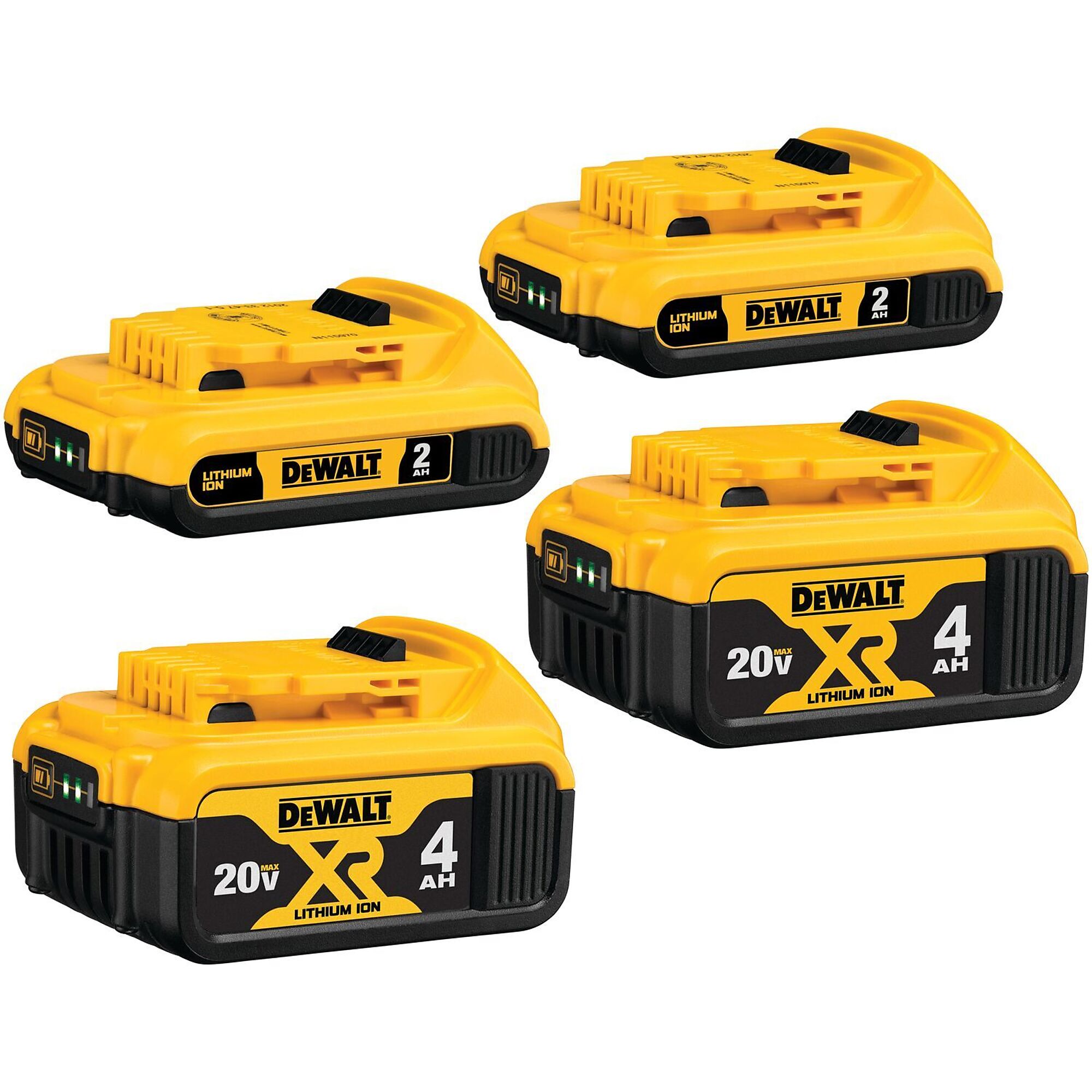 DEWALT, 20V MAX* Lithium-Ion BAT 4 PACK (2-4.0 AH and 2-2.0 AH), Volts 20 Battery Type Lithium-ion, Batteries (qty.) 4 Model DCB324-4