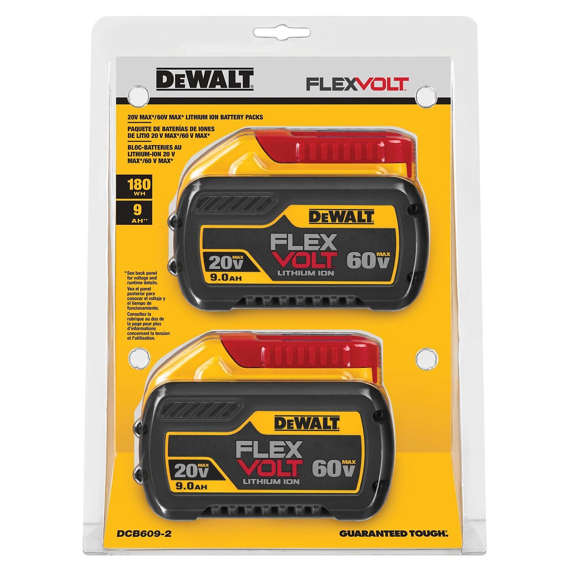 DEWALT, FLEXVOLT 20V/60V MAX* Batteries, 9.0-Ah, 2-Pack, Volts 20 Battery Type Lithium-ion, Batteries (qty.) 2 Model DCB609-2