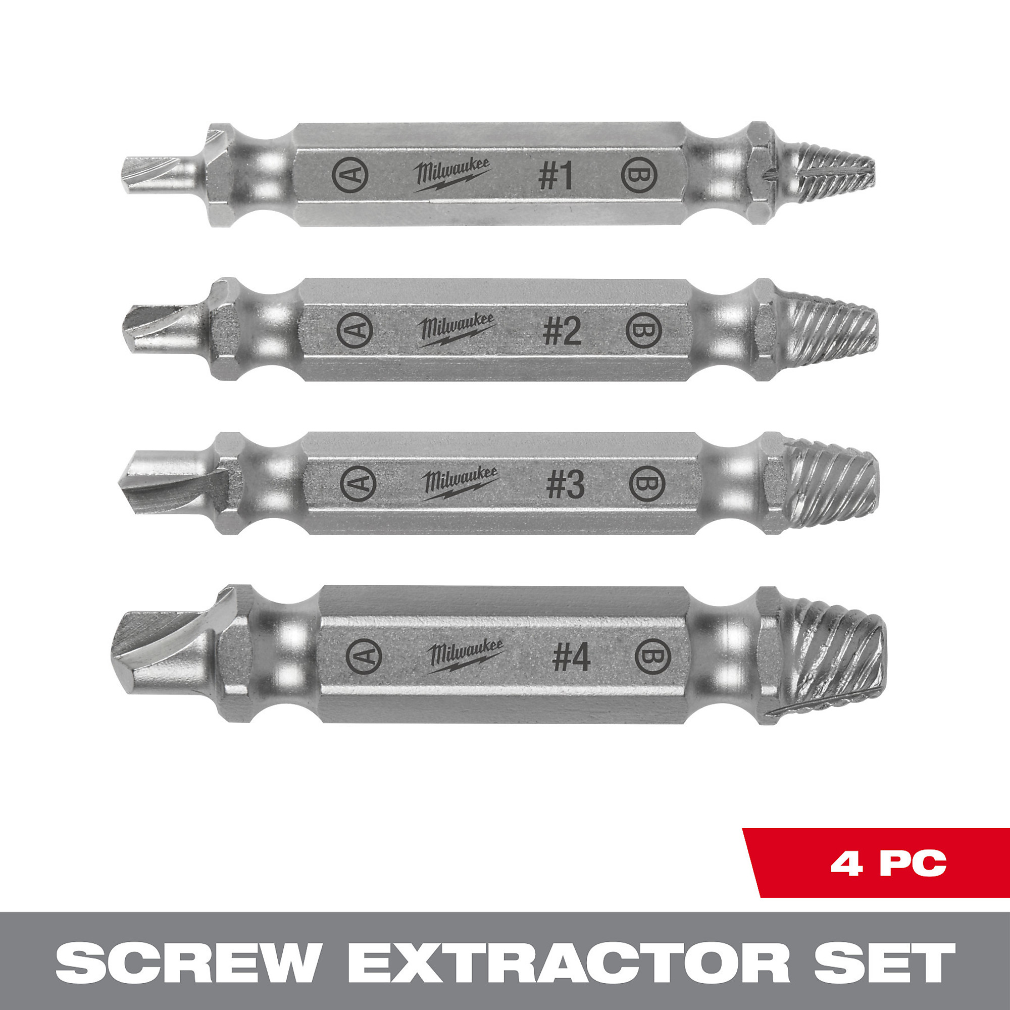 Milwaukee, M2 Steel Screw Extractor Set 4PC, Extractor Type Screw, Pieces (qty.) 4 Material Steel, Model 49-57-9001