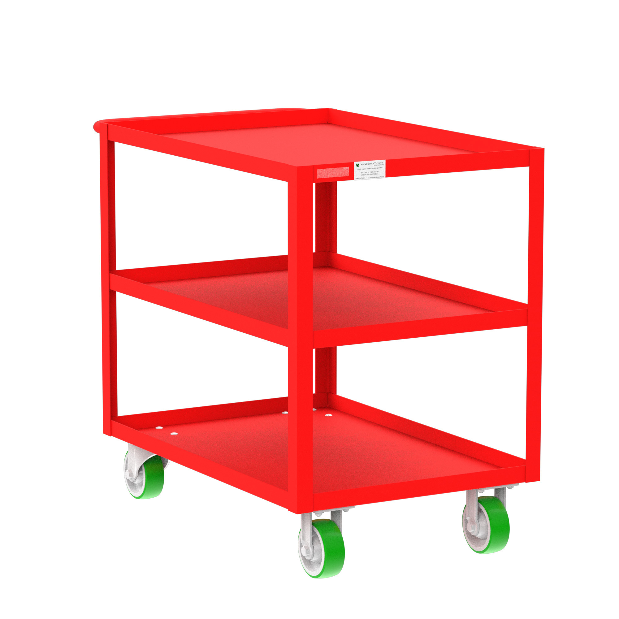 Valley Craft, 3-Shelf Utility Cart, Lipped Top, Total Capacity 2000 lb, Shelves (qty.) 3, Material Steel, Model F89222RDPY