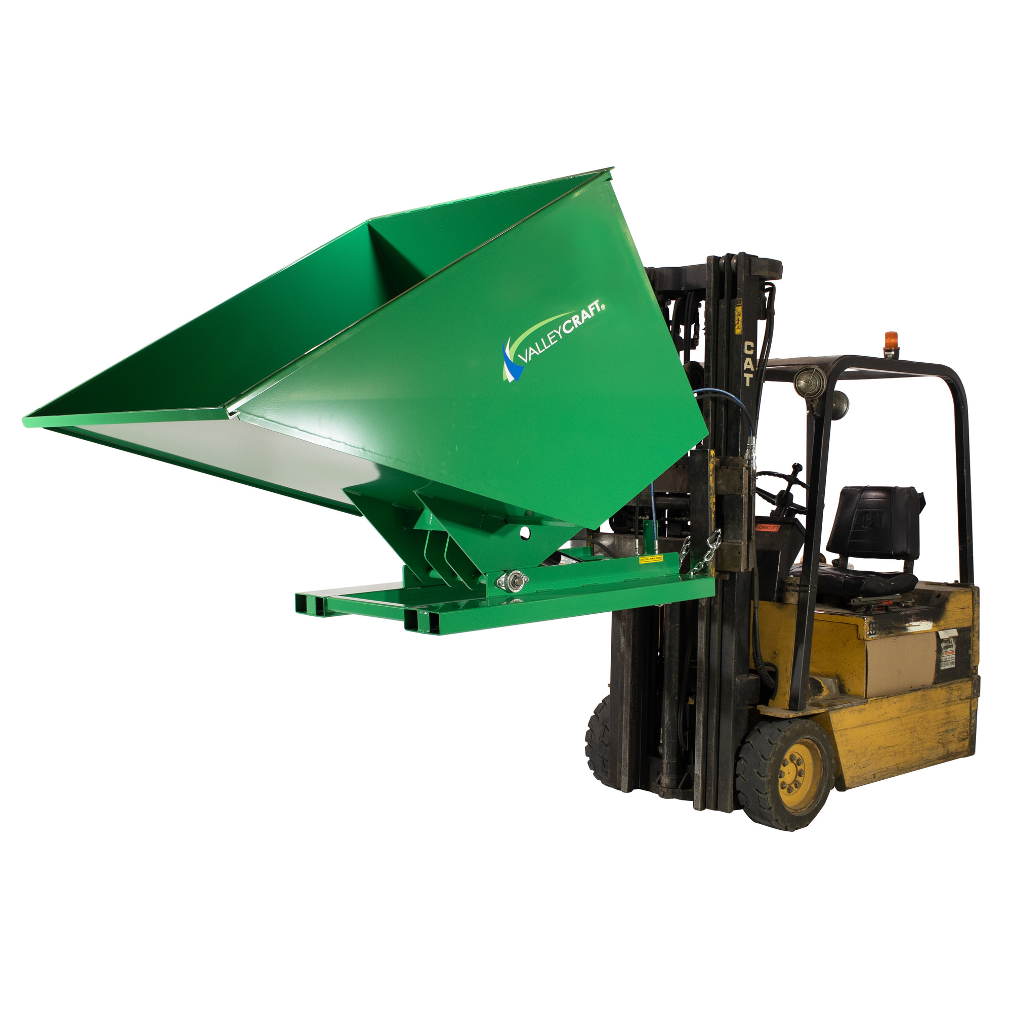 Valley Craft, Powered Self-Dumping Hopper Forklift Attachment, Capacity 2000 lb, Volume 2 ydÂ³, Color Green, Model F89141