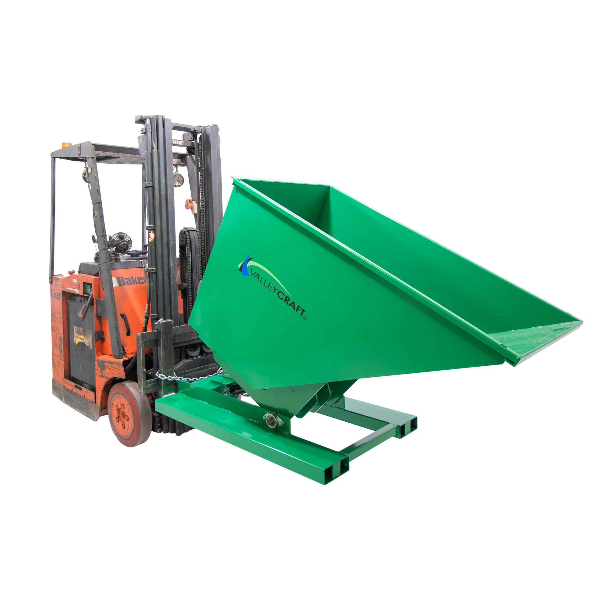 Valley Craft, Powered Self-Dumping Hopper Forklift Attachment, Capacity 6000 lb, Volume 1 ydÂ³, Color Green, Model F89142