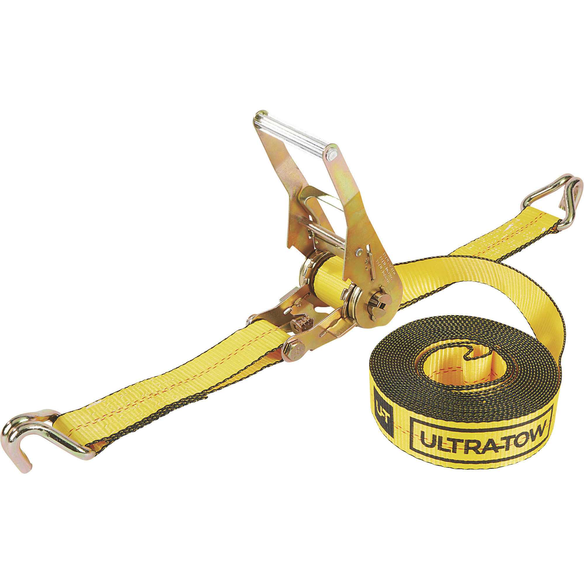 Ultra-Tow 2Inch x 27ft. AST Ratchet Strap with J-Hooks, 10,000-Lb. Breaking Strength, 3,300-Lb. Working Load, Yellow, Model A815051