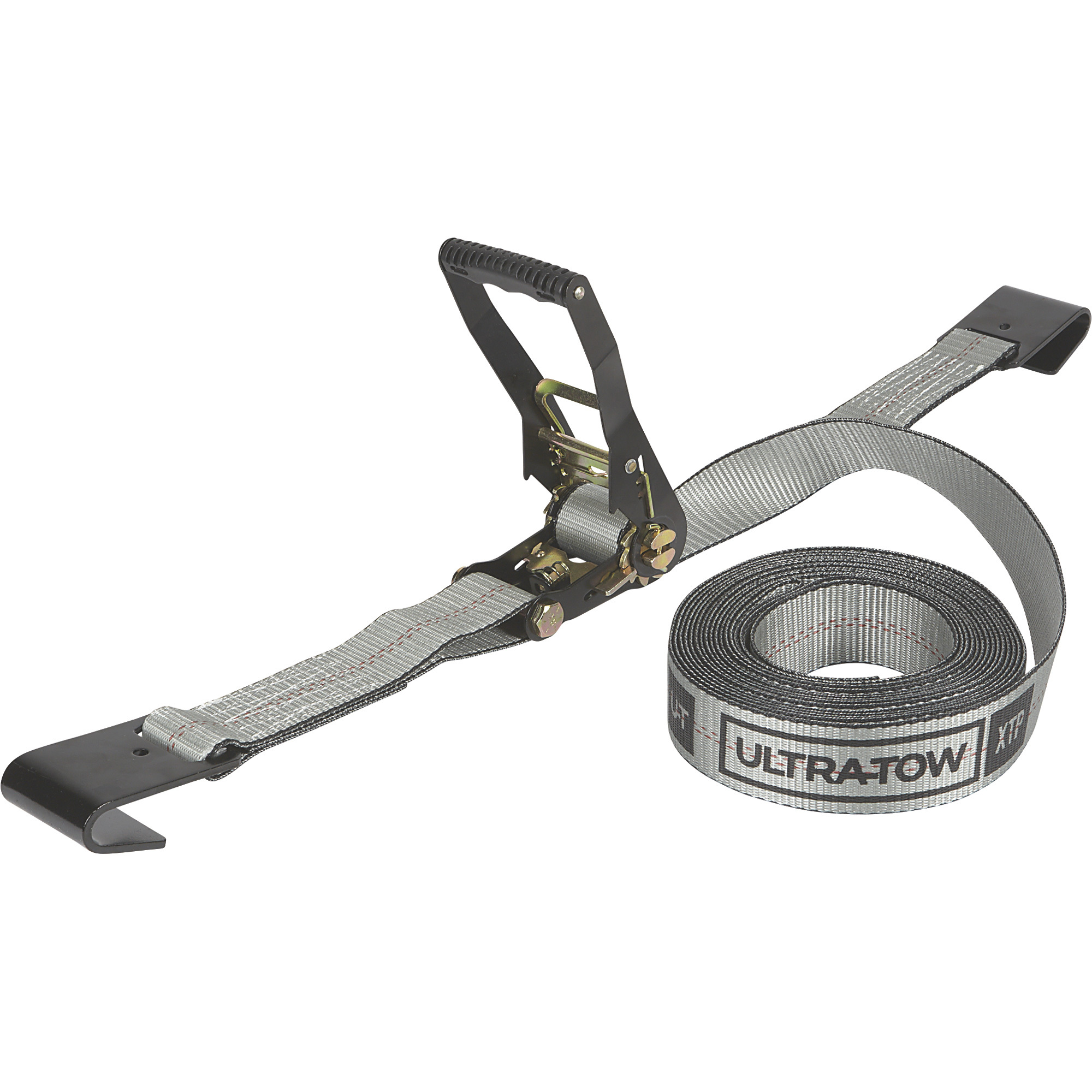 Ultra-Tow XTP 2Inch x 27ft. Ratchet Strap with Flat Hooks, 10,000-Lb. Breaking Strength, 3,300-Lb. Working Load, Gray, Model A810302
