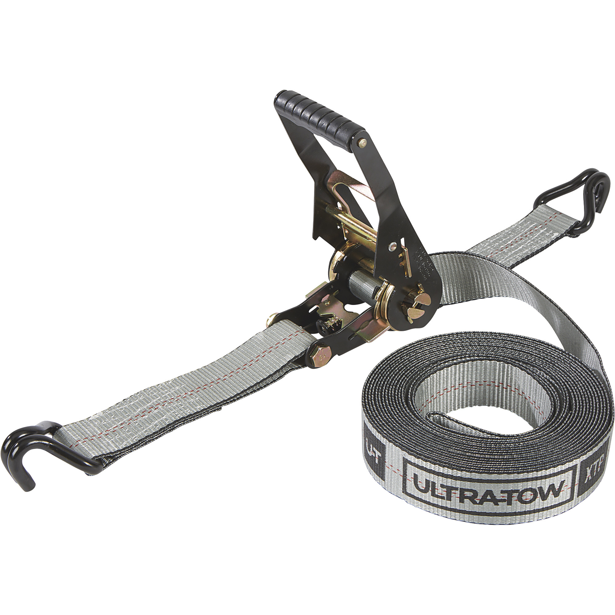 Ultra-Tow XTP 2Inch x 27ft. AST Ratchet Strap with J-Hook, 10,000-Lb. Breaking Strength, 3,300-Lb. Working Load, Gray, Model A815052