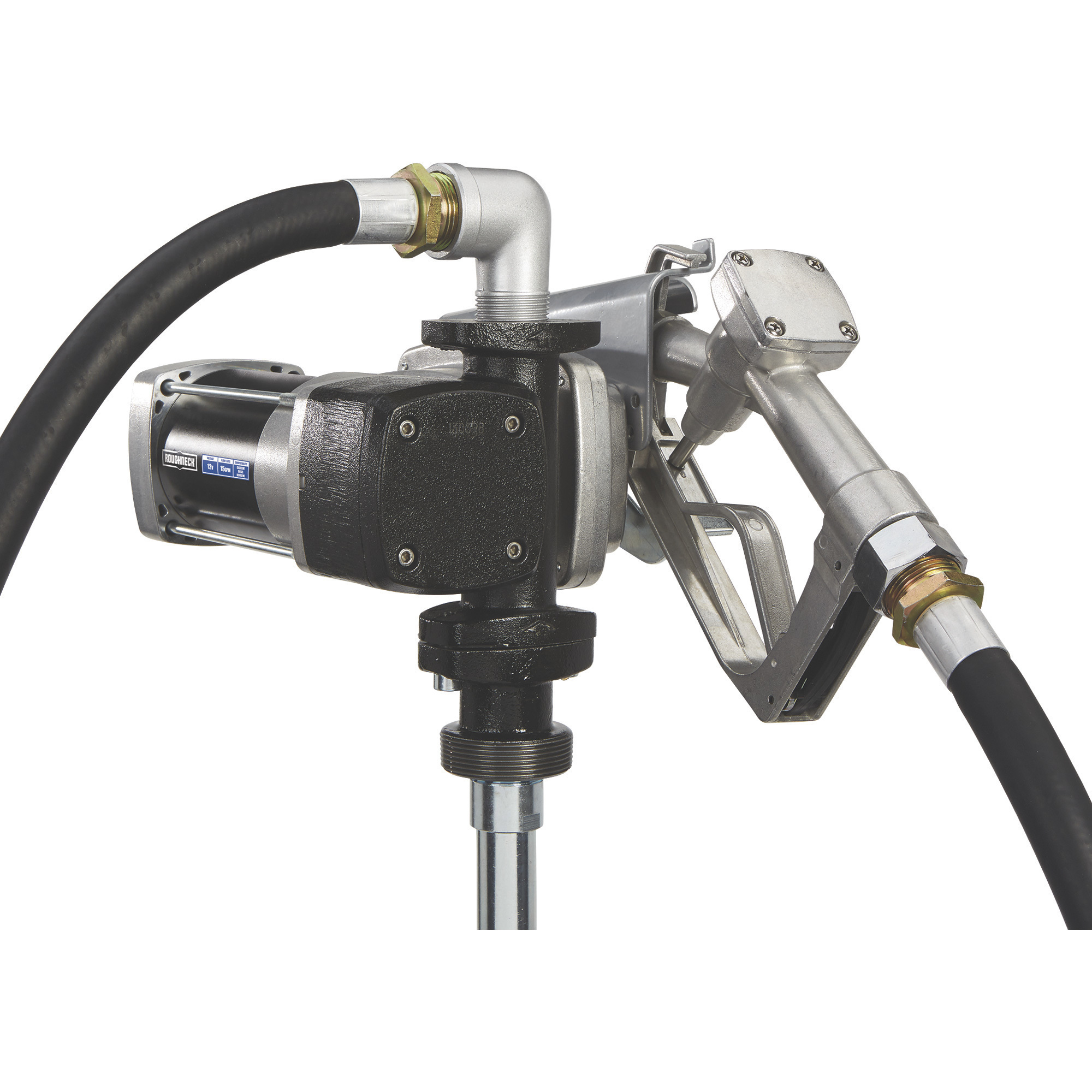 Roughneck Heavy-Duty Fuel Transfer Pump, 15 GPM, 12 Volt DC, Manual Nozzle, Gasoline Compatible