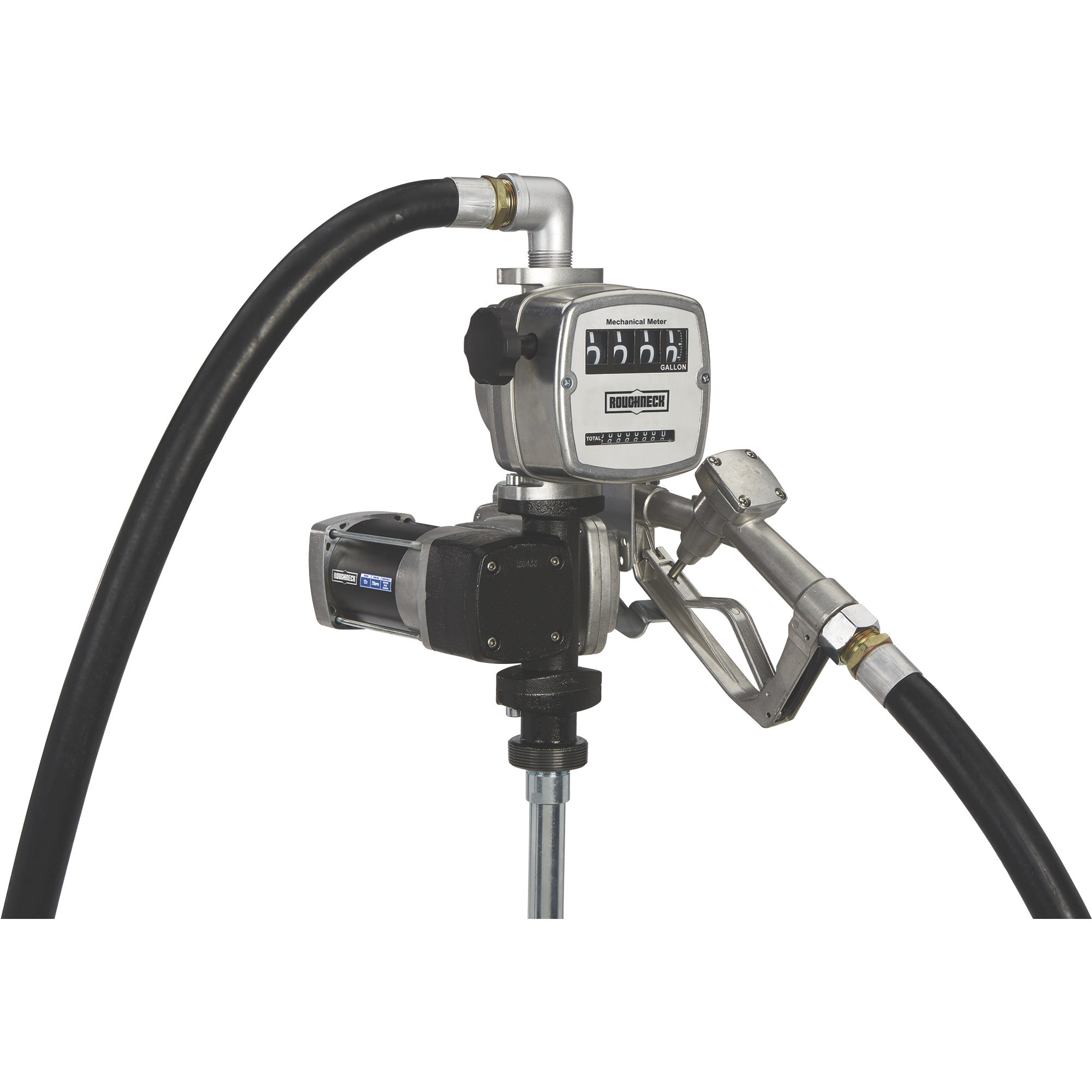 Roughneck Heavy-Duty Fuel Transfer Pump with Mechanical Meter, 20 GPM, 12 Volt DC, Manual Nozzle, Gasoline Compatible