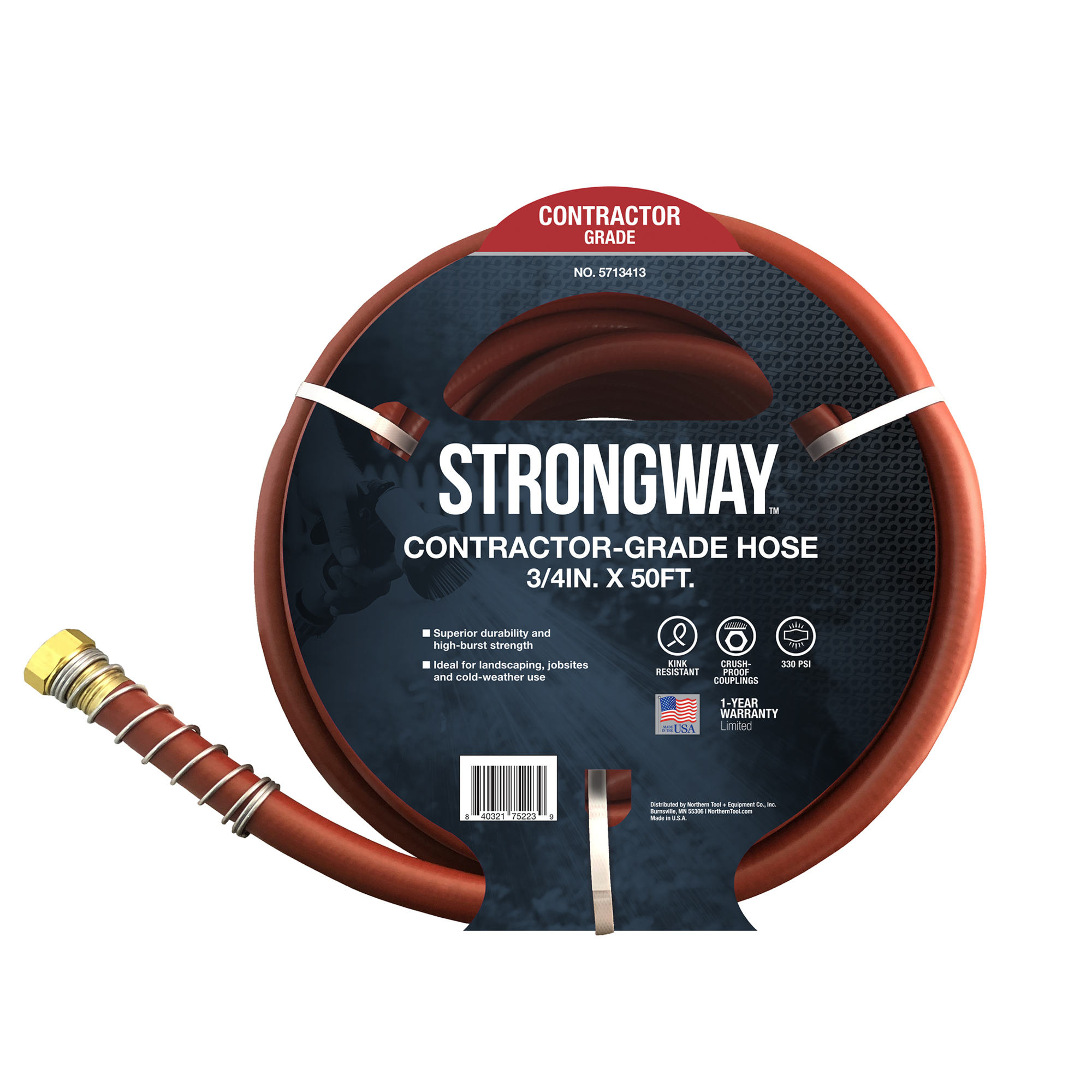 Strongway Contractor-Grade Water Hose, 3/4Inch x 50ft., 300 PSI, PVC, w/ Brass Couplings