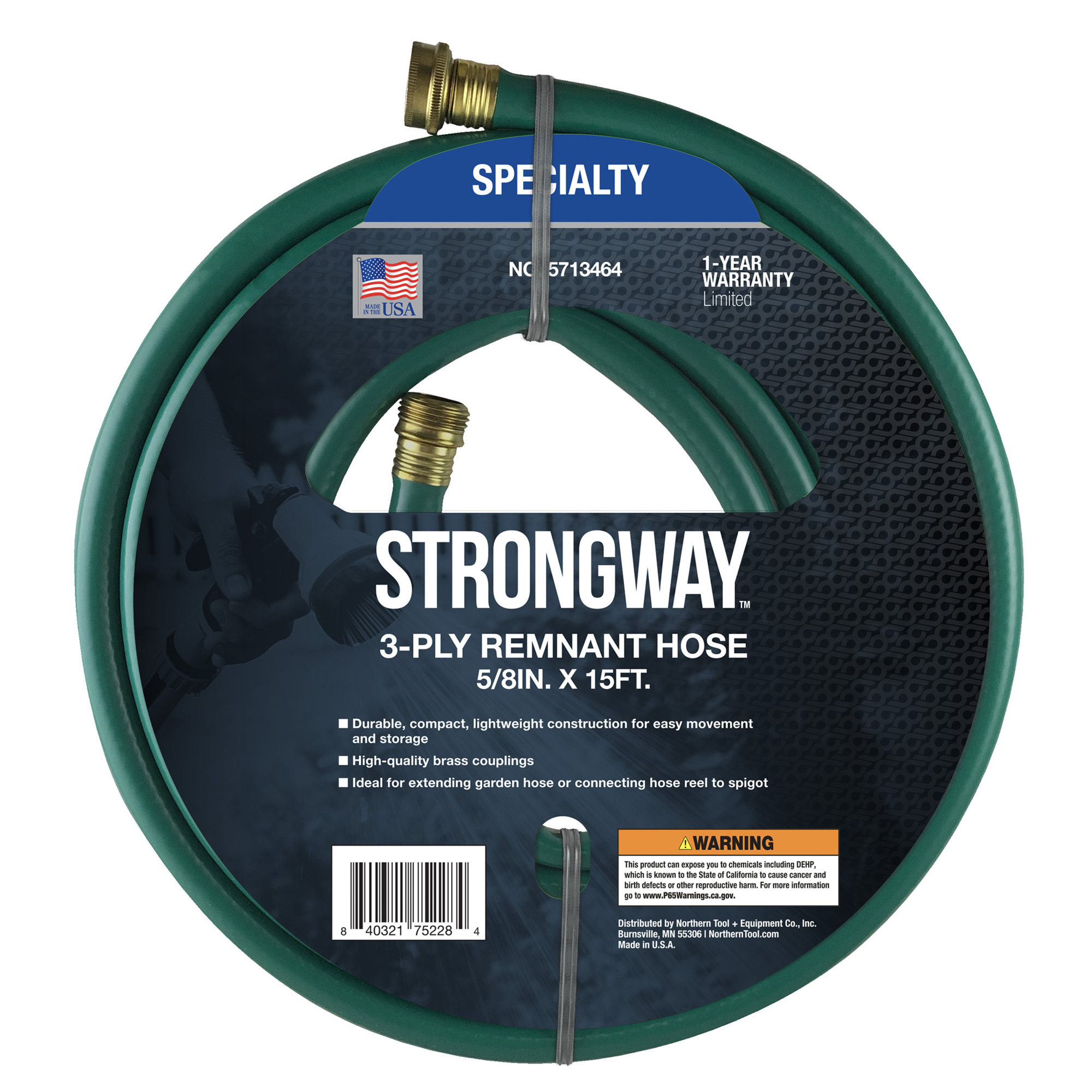 Strongway Remnant Lead-In Discharge Water Hose, 5/8Inch x 15ft, 5/8Inch Connection, 750 PSI, Model REM15SW