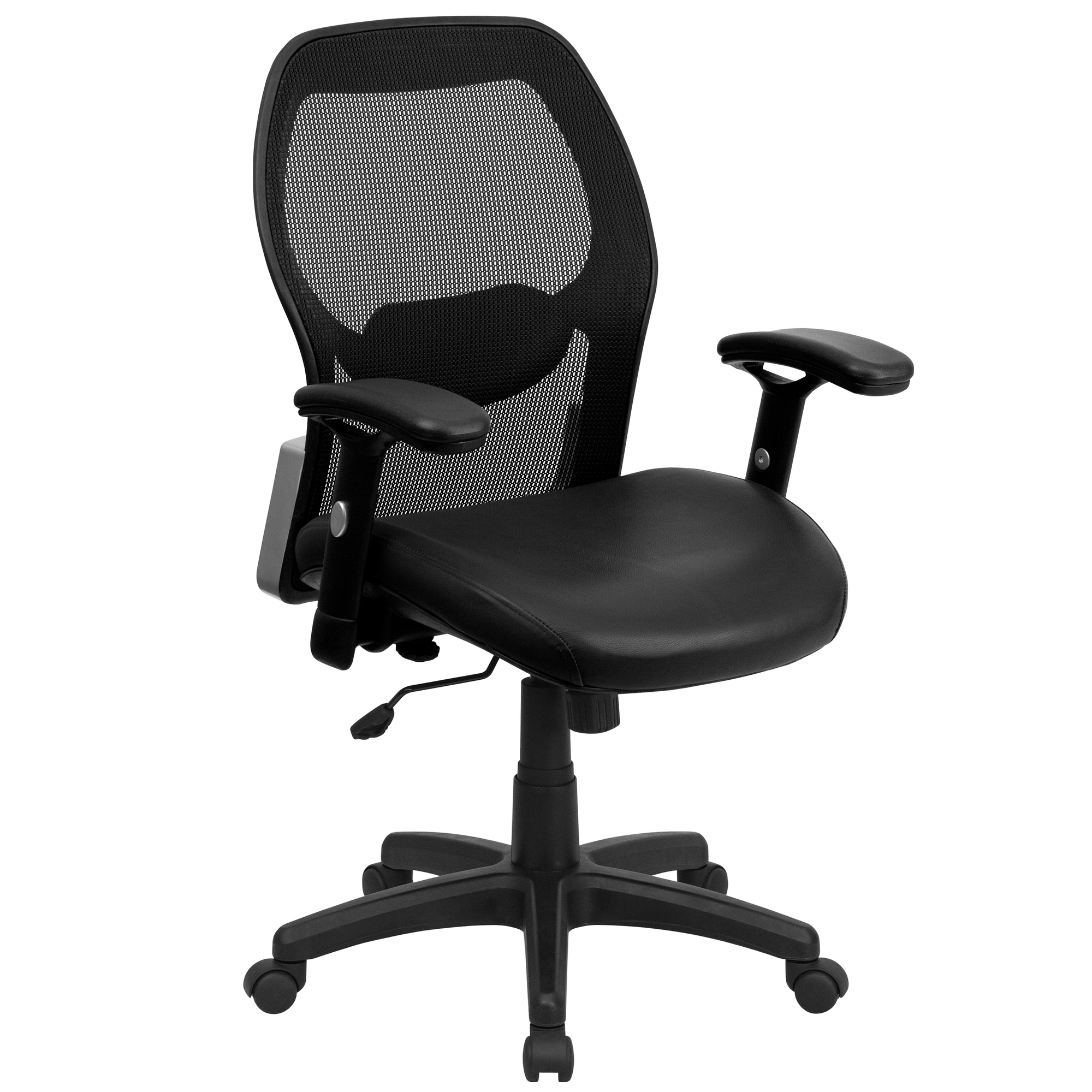 Flash Furniture, Mid-Back Black Super Mesh Chair w/LeatherSoft Seat, Primary Color Black, Included (qty.) 1, Model LFW42BLBK