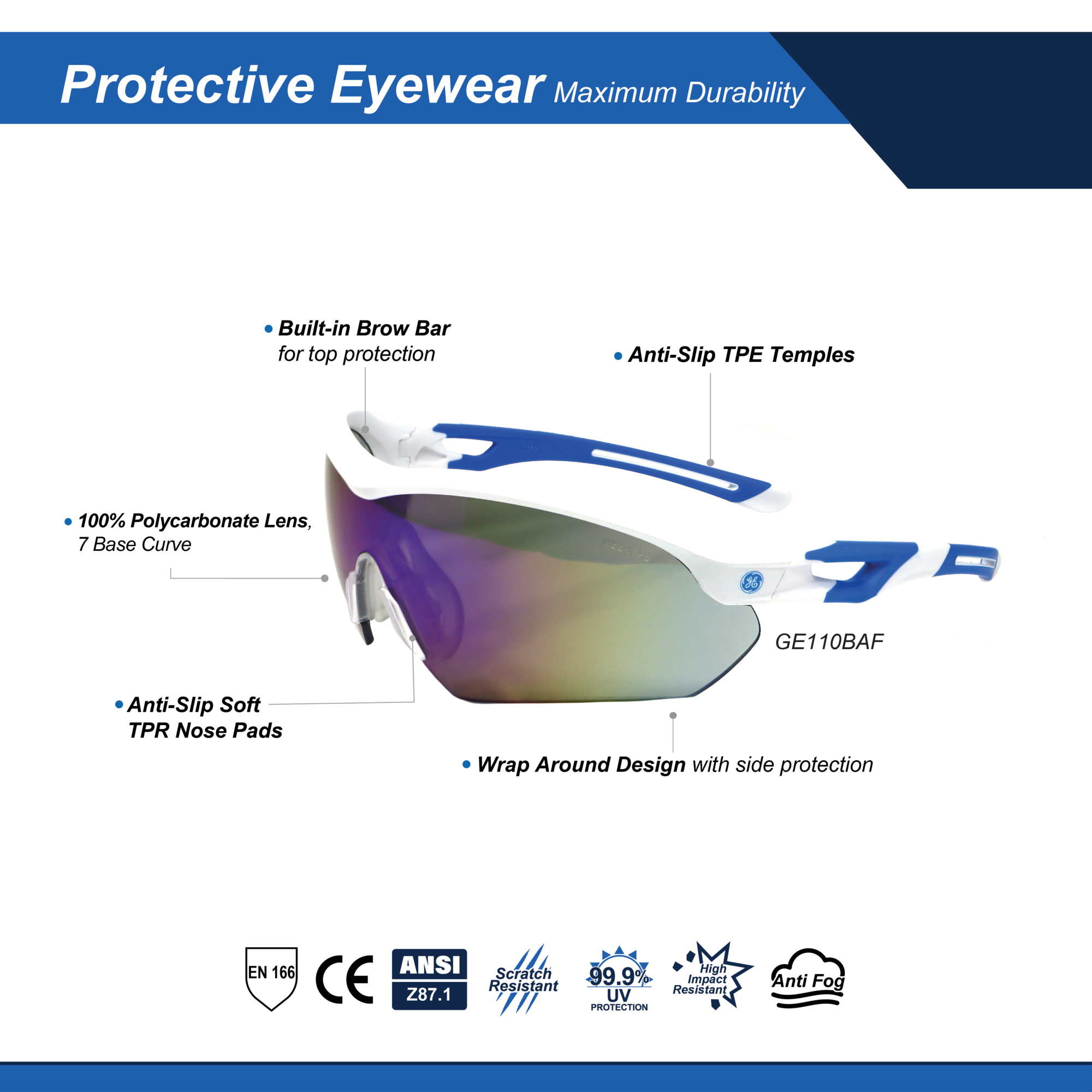 General Electric, White/Blue Safety Glasses w Blue Anti-Fog Lenses, Frame Color White, Lens Color Blue, ANSI Z87 Compliant, Model GE110BAF