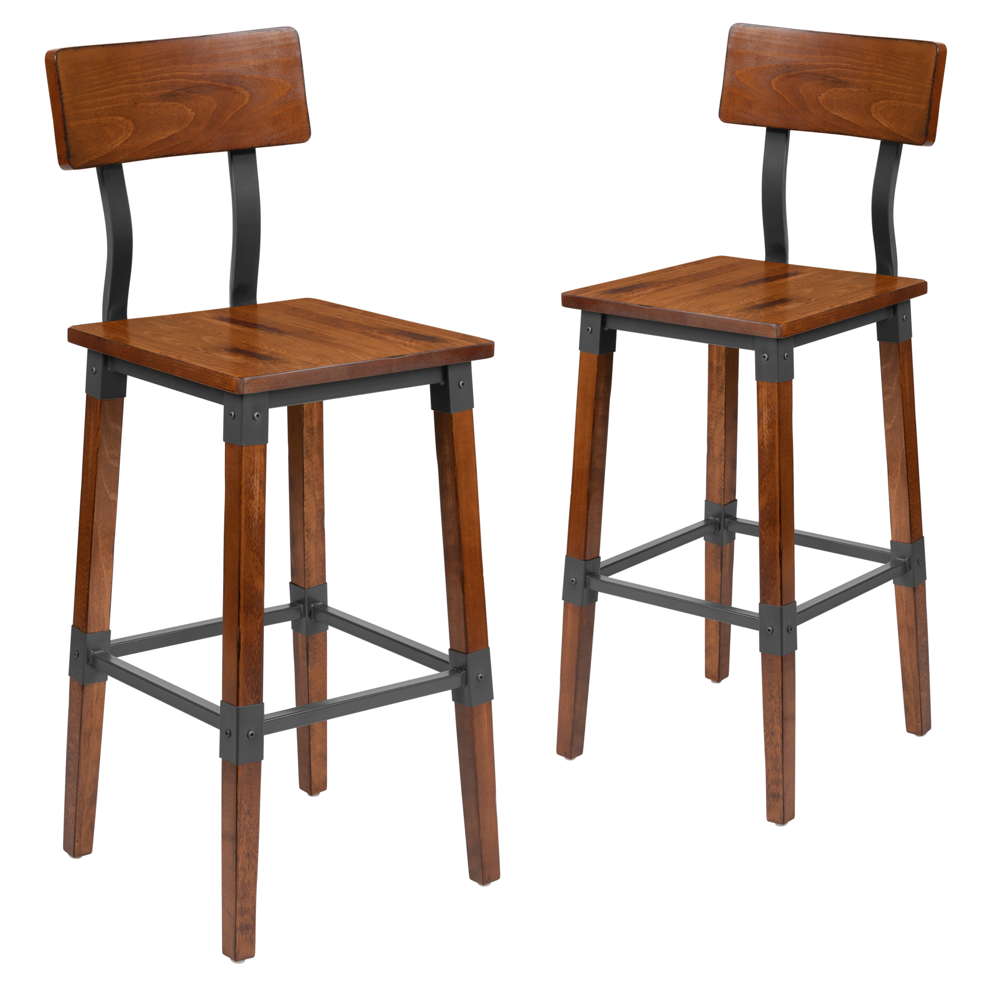 Flash Furniture, 2 PK Rustic Walnut Industrial Wood Dining Barstool, Primary Color Brown, Included (qty.) 2, Model 2XUDGW0236B