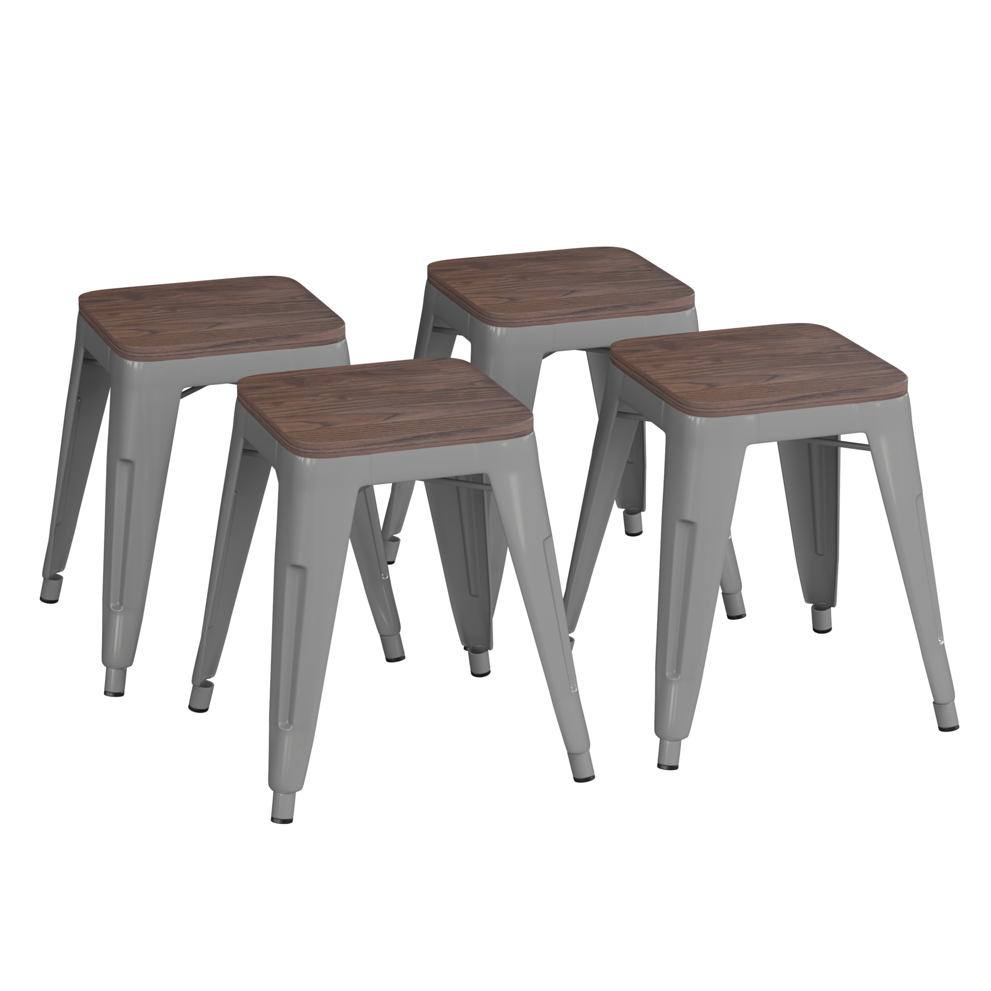Flash Furniture, 4 Pack 18Inch Silver Metal Stool with Wood Seat, Primary Color Gray, Included (qty.) 4, Model ETBT350318SILWD