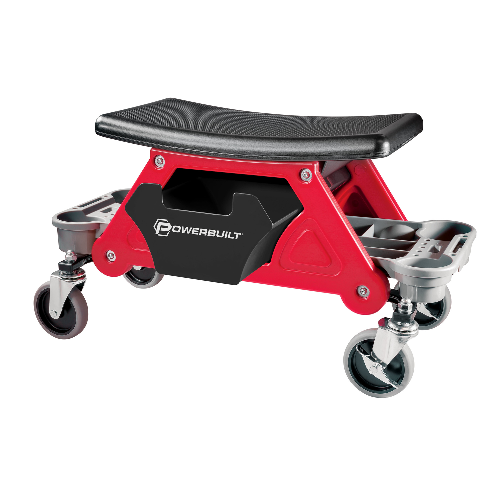 Powerbuilt, Heavy Duty Rolling Work Seat with Storage Trays, Capacity 300 lb, Max. Height 11.12 in, Model 240036
