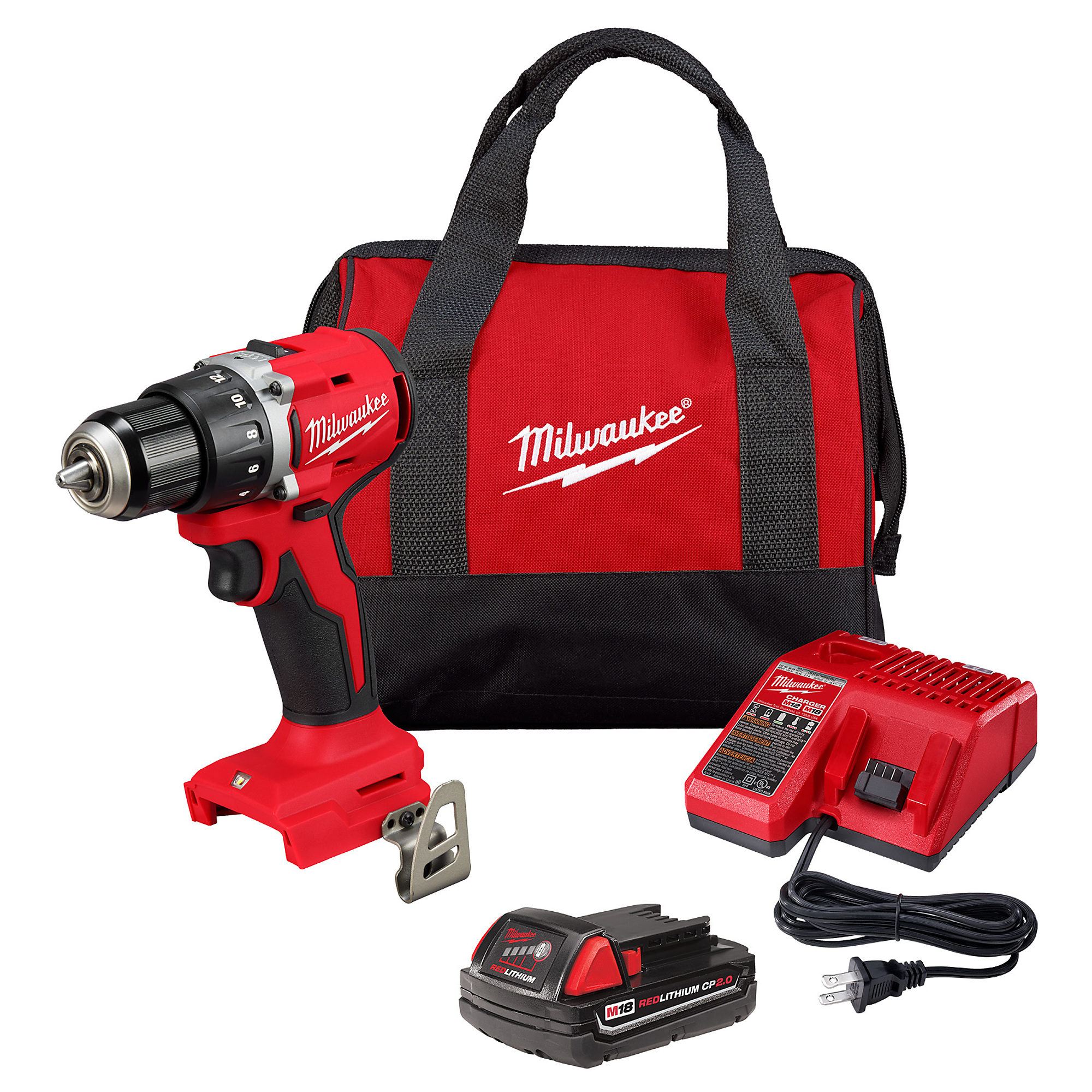 Milwaukee, M18 Compact Brushless 1/2Inch Drill/Driver Kit, Chuck Size 1/2 in, Max. Torque 550 ft-lbs., Max. Speed 1700 rpm, Model 3601-21P