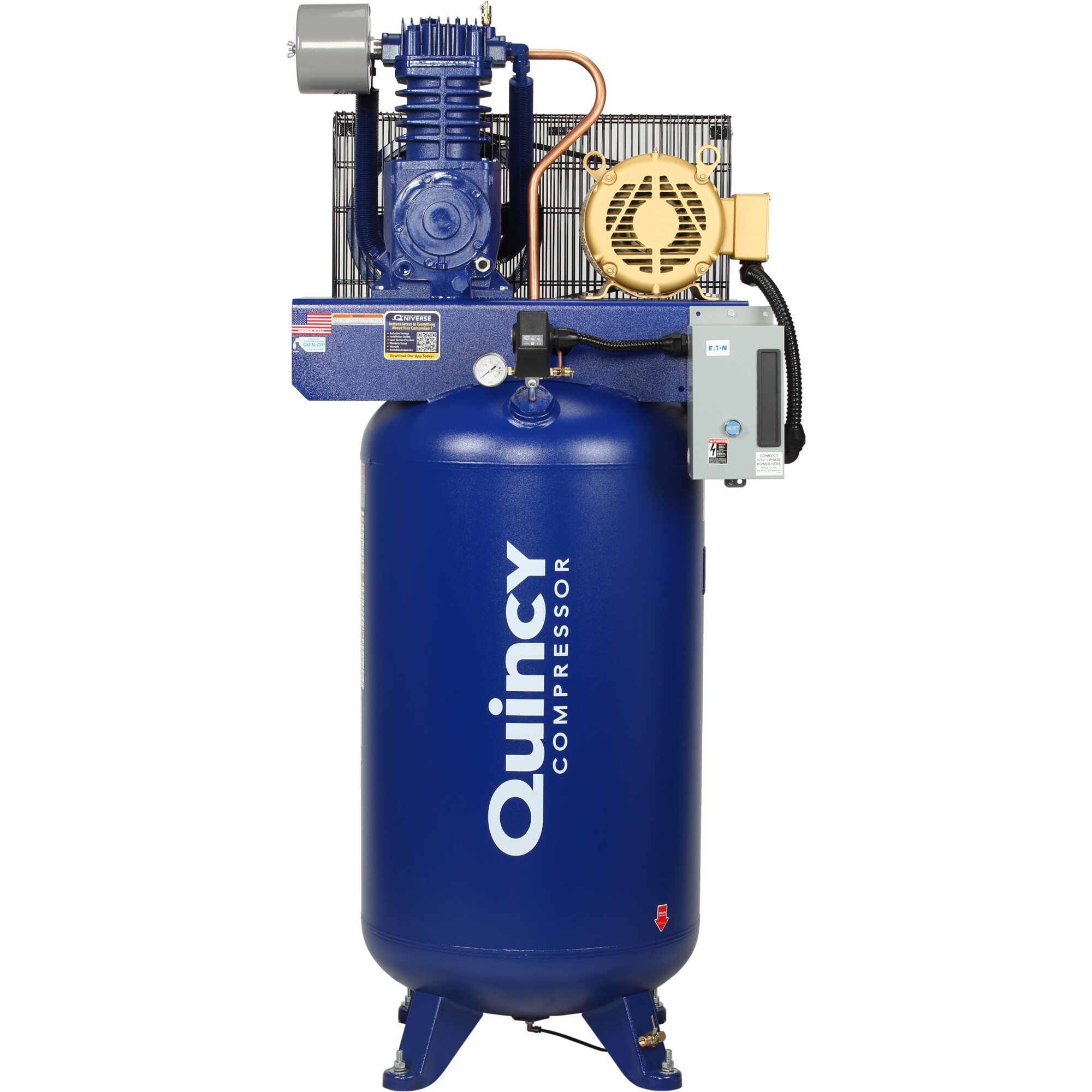 Quincy Compressor, QT1 7.5HP 80G 2Stg Air Compressor Vertical PRO, Horsepower 7.5 HP, Air Tank Size 80 Gal, Volts 460 Model 473DS80VCB46