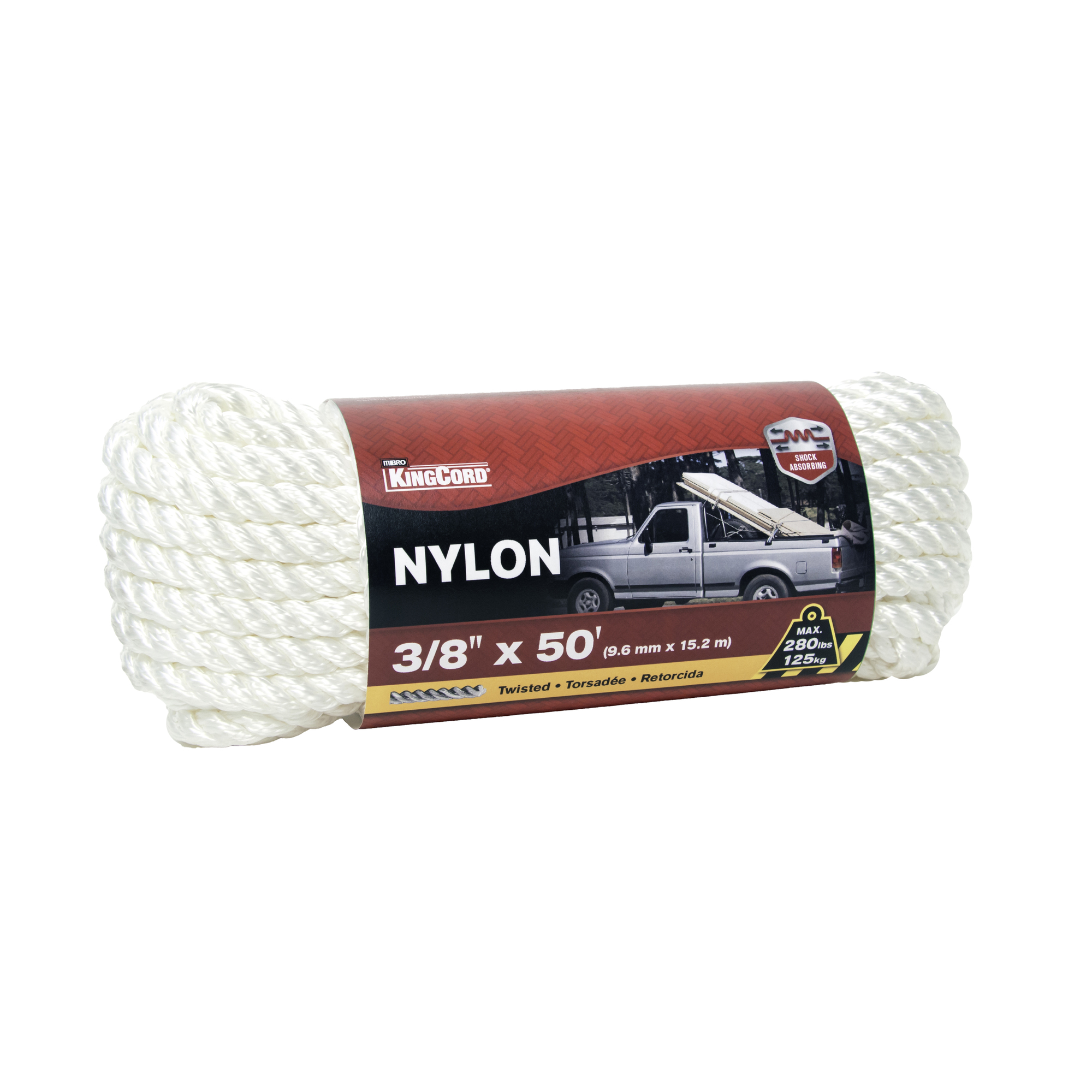 KingCord, 3/8Inch x 50ft. Nylon Twisted Rope-White - Hank, Working Load 280 lb, Length 600 in, Material Nylon, Model 300131BGV1