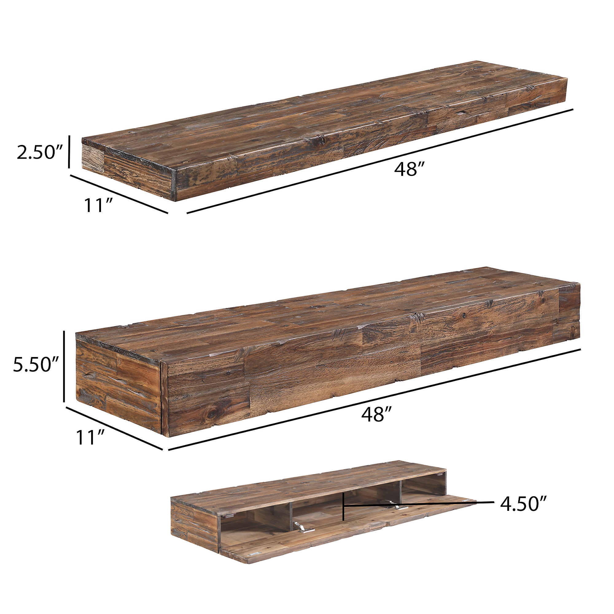 Merry Products, Distressed Floating Shelves W/ Hidden Storage,3Pc, Width 11.02 in, Depth 48.03 in, Material Wood, Model SLF0340115010