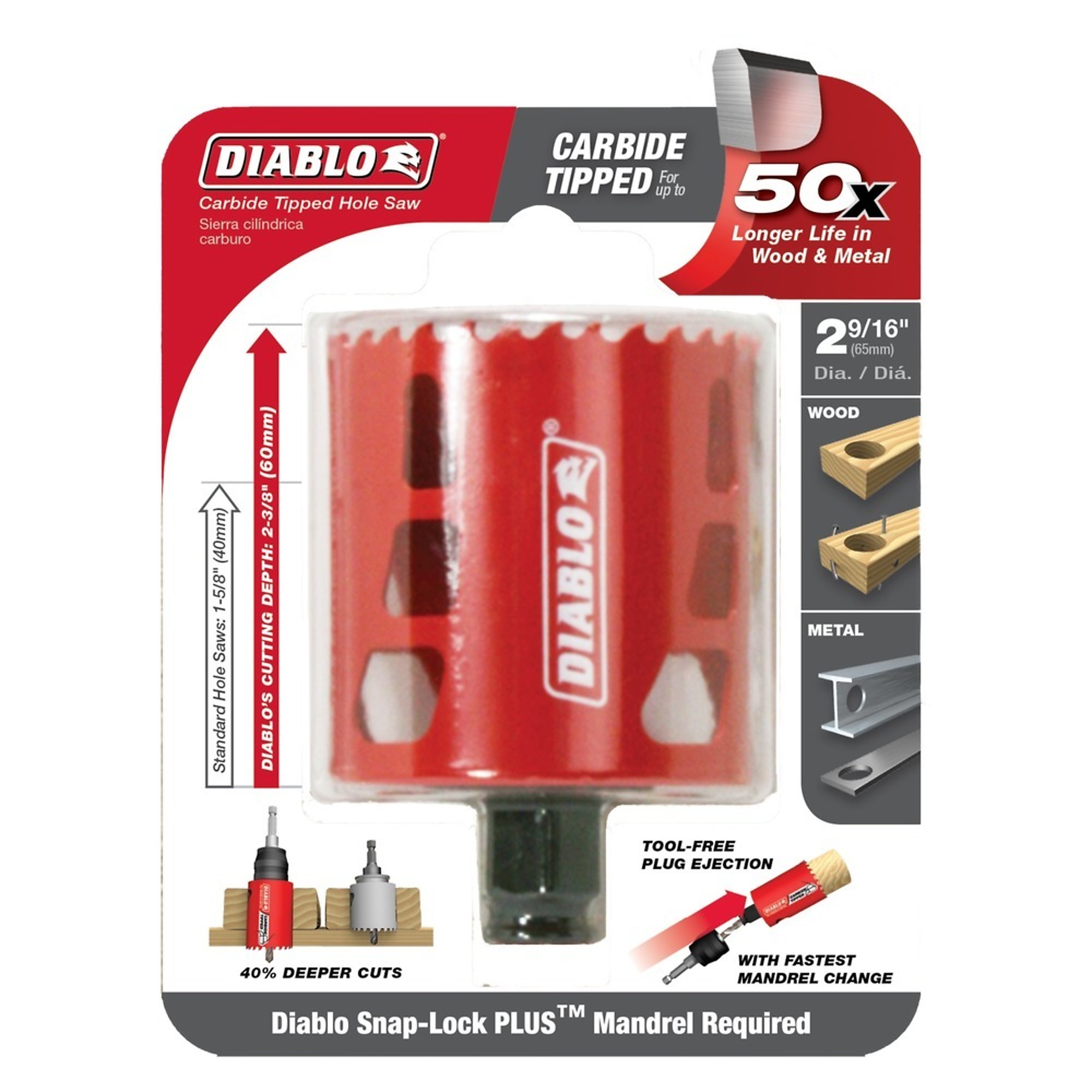Diablo Tools, 2-9/16 Carbide-Tipped Wood Metal Holesaw, Included (qty.) 1, Model DHS2563CT