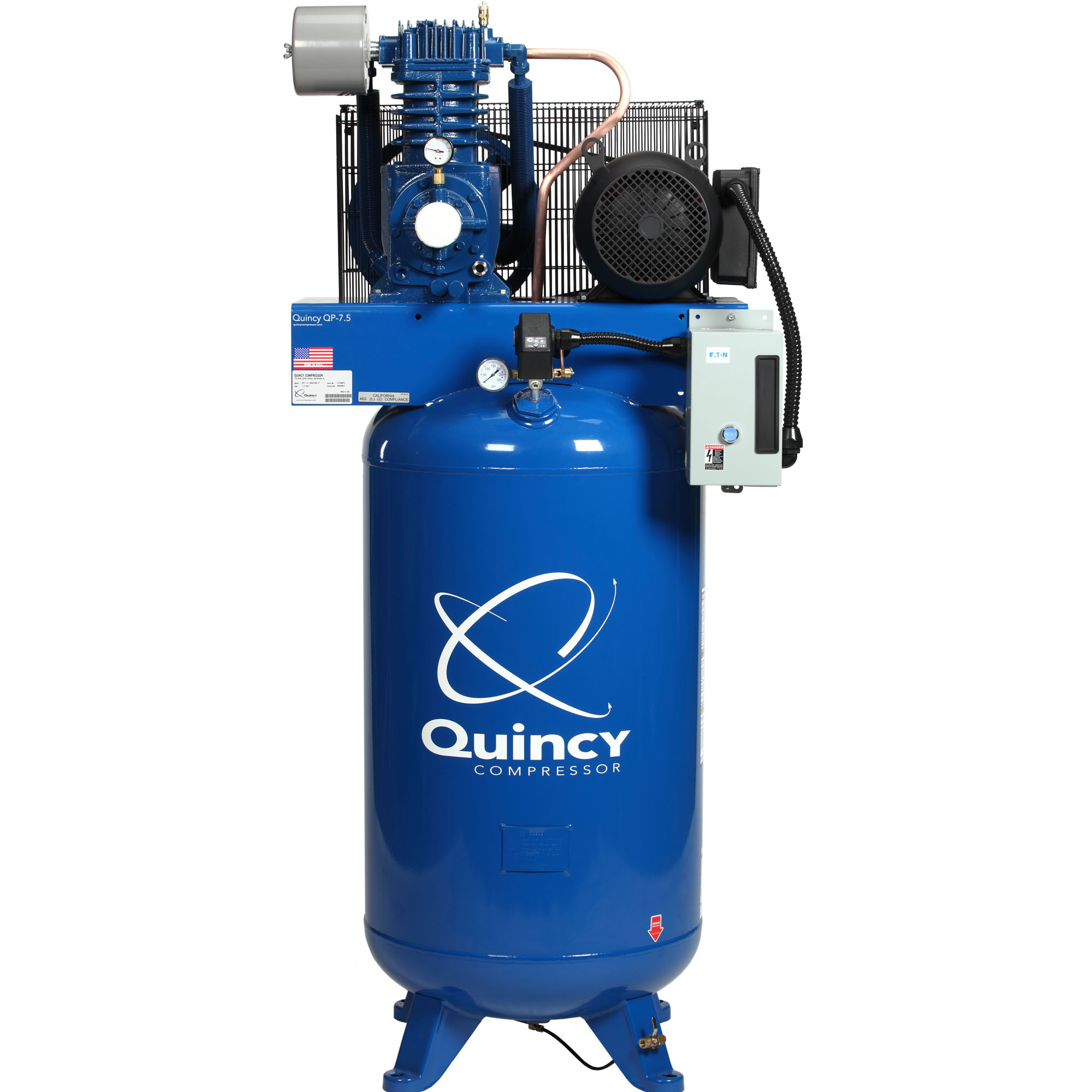 Quincy Compressor, QP1 7.5H 80G 2Stg Air Compressor 200V 3ph V PRO, Horsepower 7.5 HP, Air Tank Size 80 Gal, Volts 200 Model 573DS80VCA20