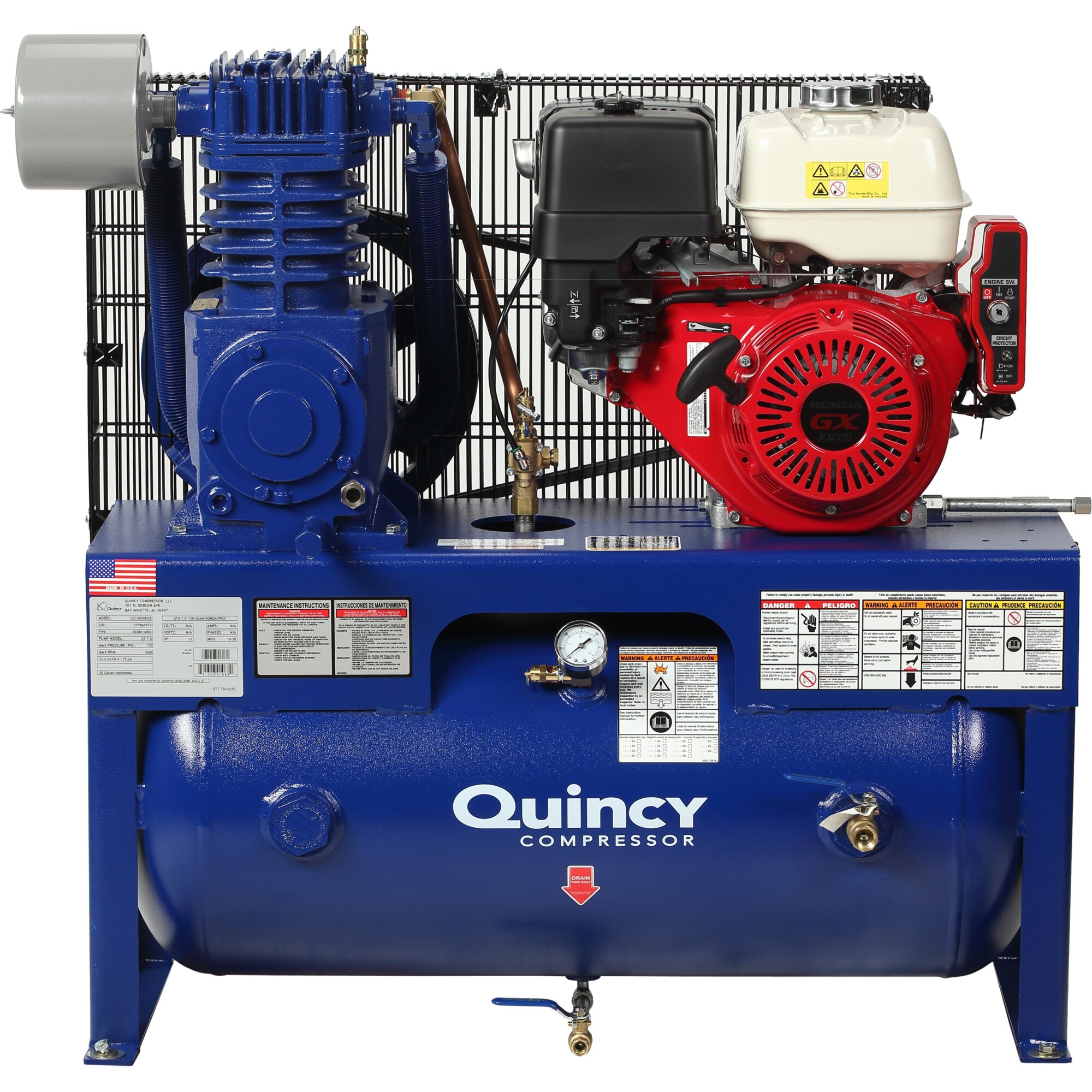 Quincy Compressor, QT 13H 30G 2Stg Air Compressor (Honda) Horiz, Horsepower 13 HP, Air Tank Size 30 Gal, Model G413H30HCB