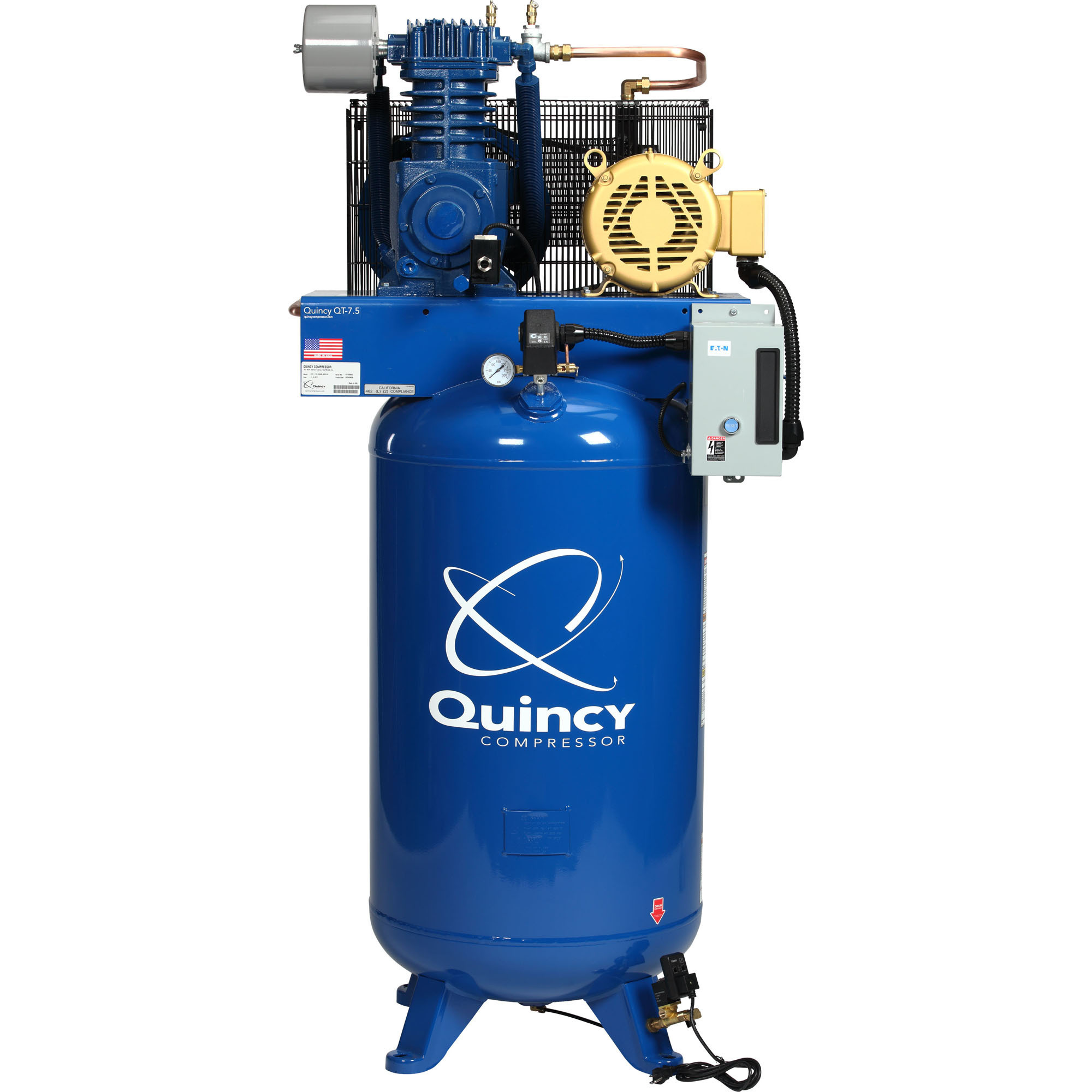 Quincy Compressor, QT1 7.5H 80G 2Stg Air Compressor 230V 3ph V MAX, Horsepower 7.5 HP, Air Tank Size 80 Gal, Volts 230 Model 473D80VCB23M