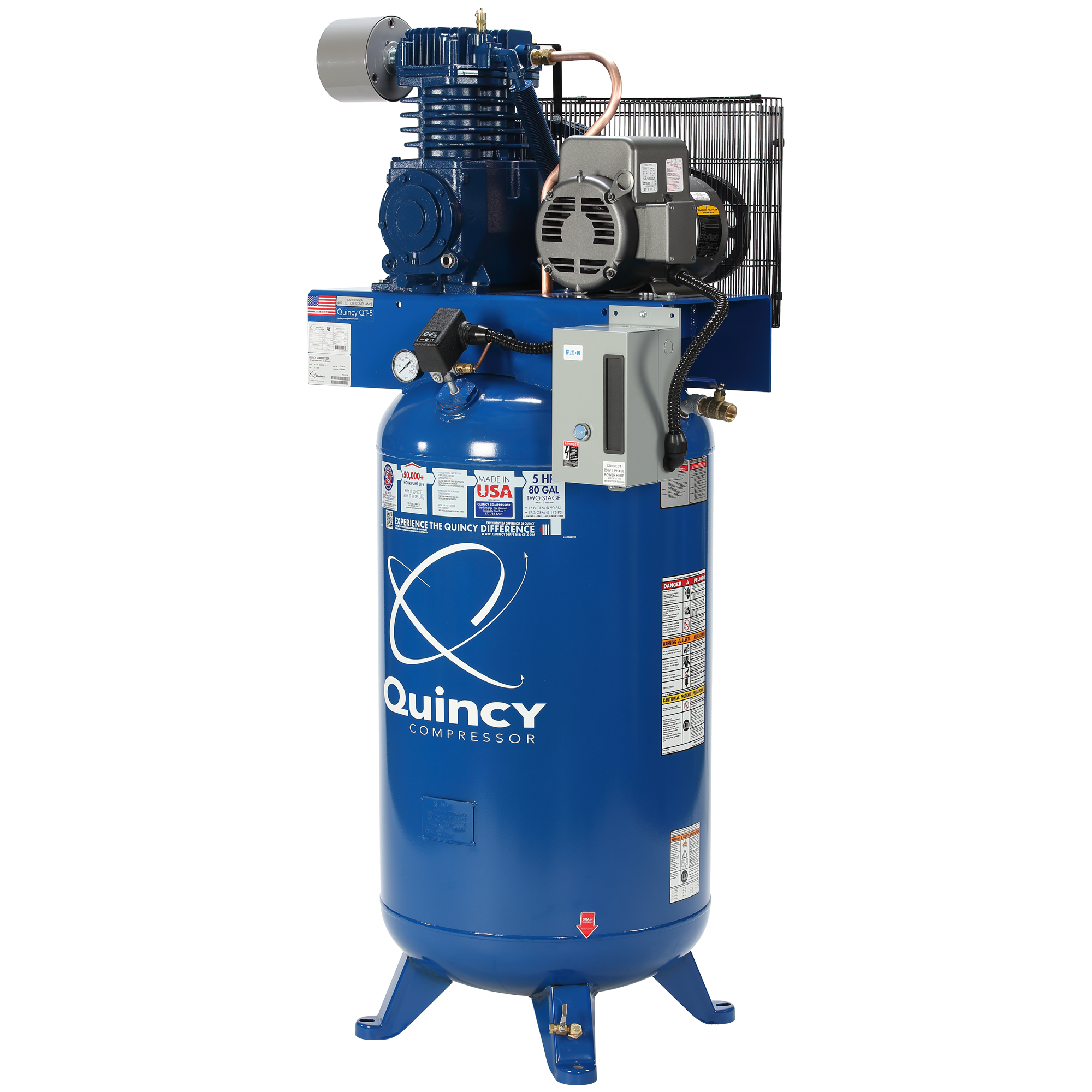 Quincy Compressor, QT1 5Hp 80G 2Stg Air Compressor 200V 3ph V MAX, Horsepower 5 HP, Air Tank Size 80 Gal, Volts 200 Model 453D80VCB20M