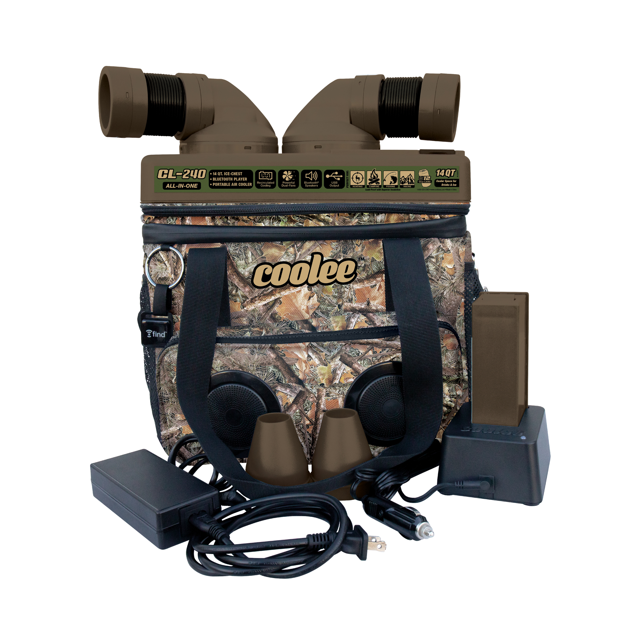 Cool Boss, Camo Air Cooler Ice-Chest and Bluetooth Player, Fan Diameter 4.5 in, Air Delivery 170 cfm, Model Coolee CAMO