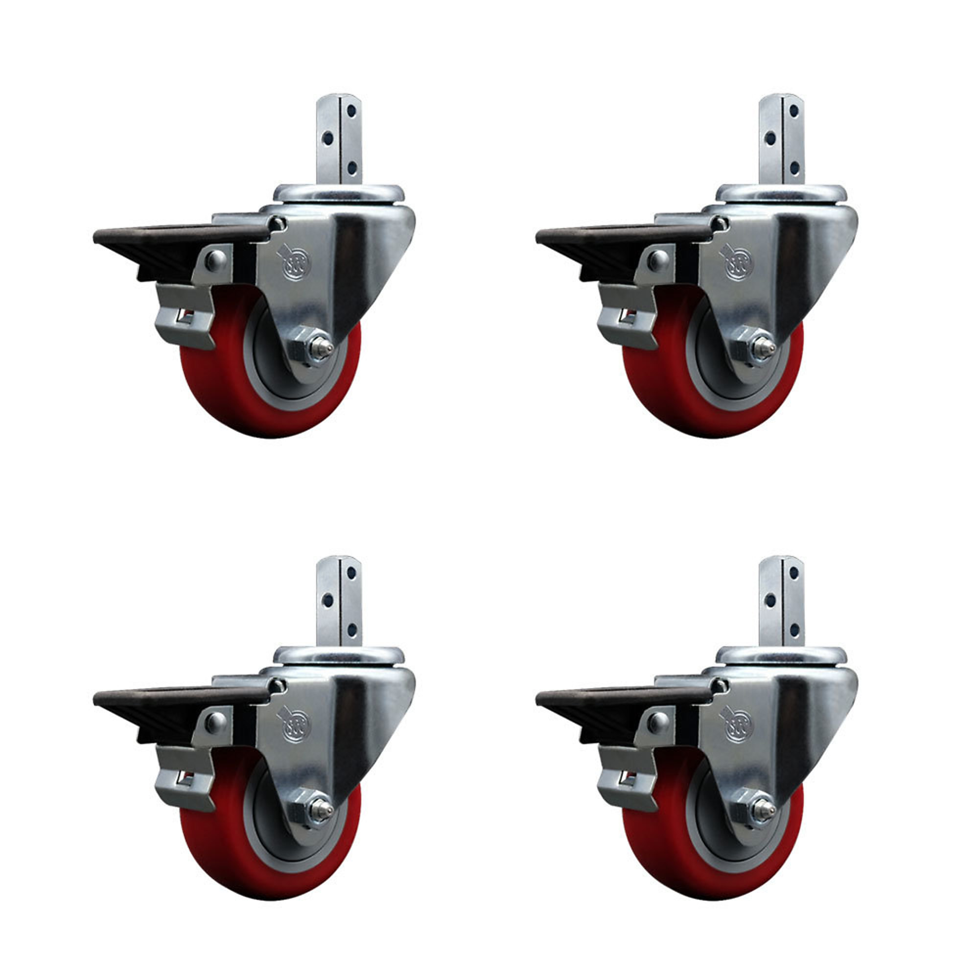 Service Caster, 3Inch x 1 1/4Inch Stem Casters, Wheel Diameter 3 in, Caster Type Swivel, Package (qty.) 4, Model SCC-SQ20S314-PPUB-RED-PLB-34-4