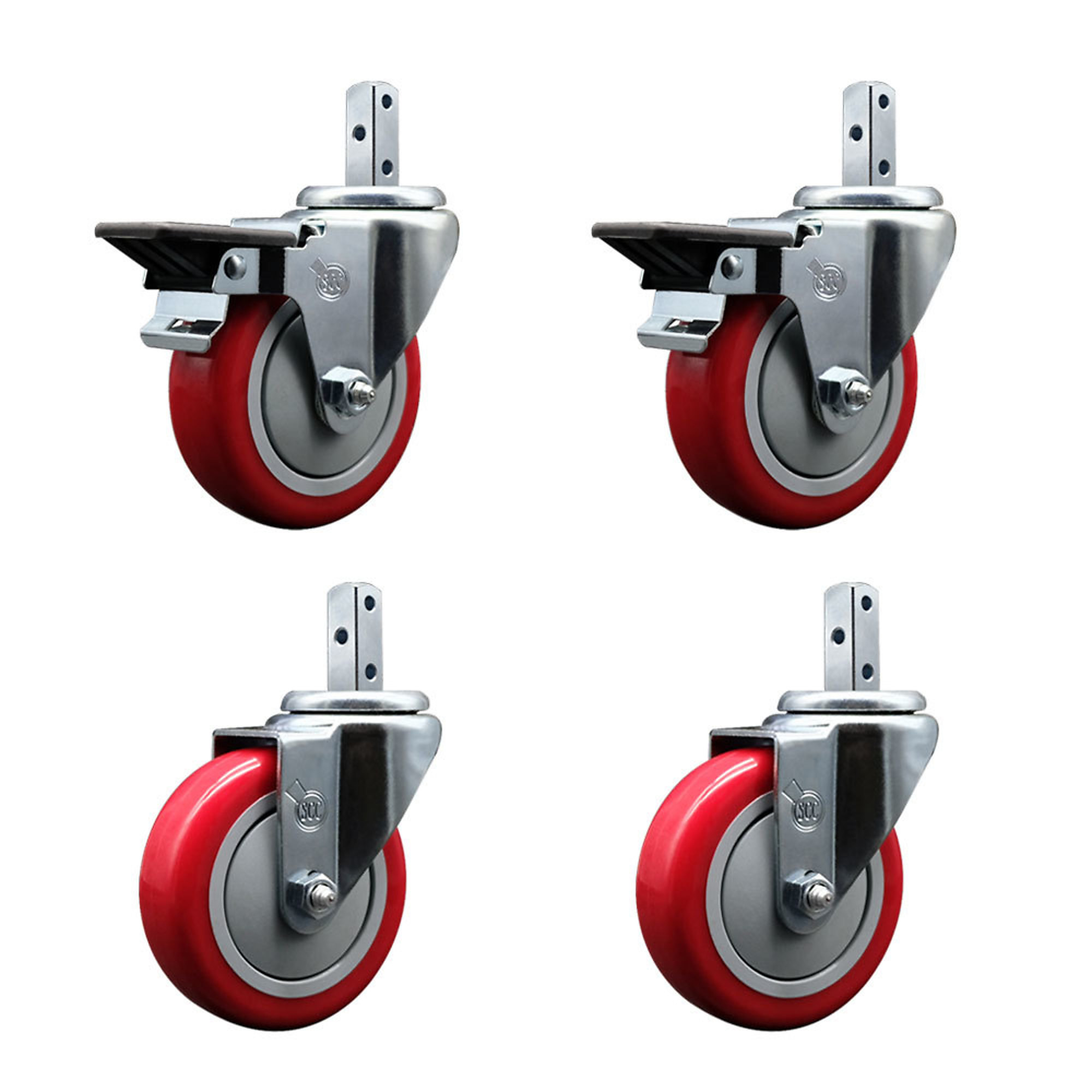 Service Caster, 4Inch x 1 1/4Inch Stem Casters, Wheel Diameter 4 in, Caster Type Swivel, Package (qty.) 4, Model SCC-SQ20S414-PPUB-RED-PLB-34-2-S-2