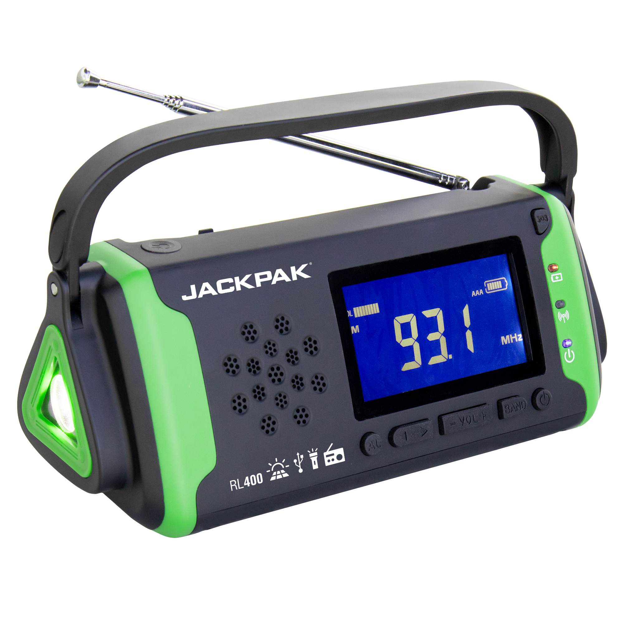 JackPak, AM/FM Radio, a Flashlight, an SOS Alarm,, Battery Life 18 hr, Model RL400