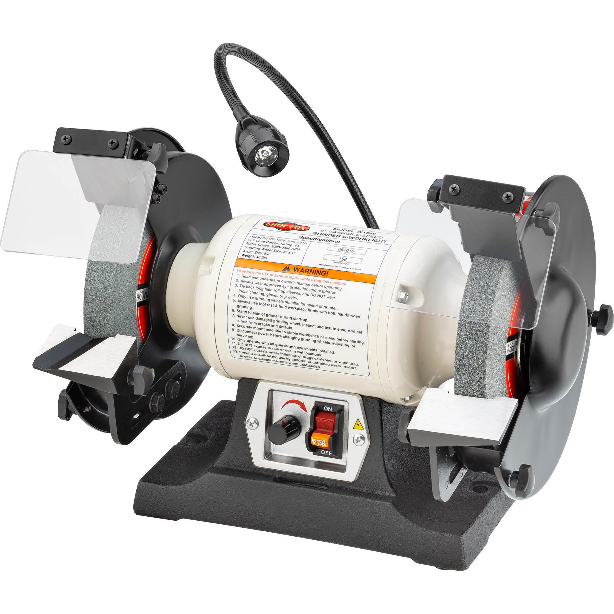 Shop Fox, 8Inch Variable-Speed Grinder, Wheel Diameter 8 in, Max. Speed 3400 rpm, Model W1840