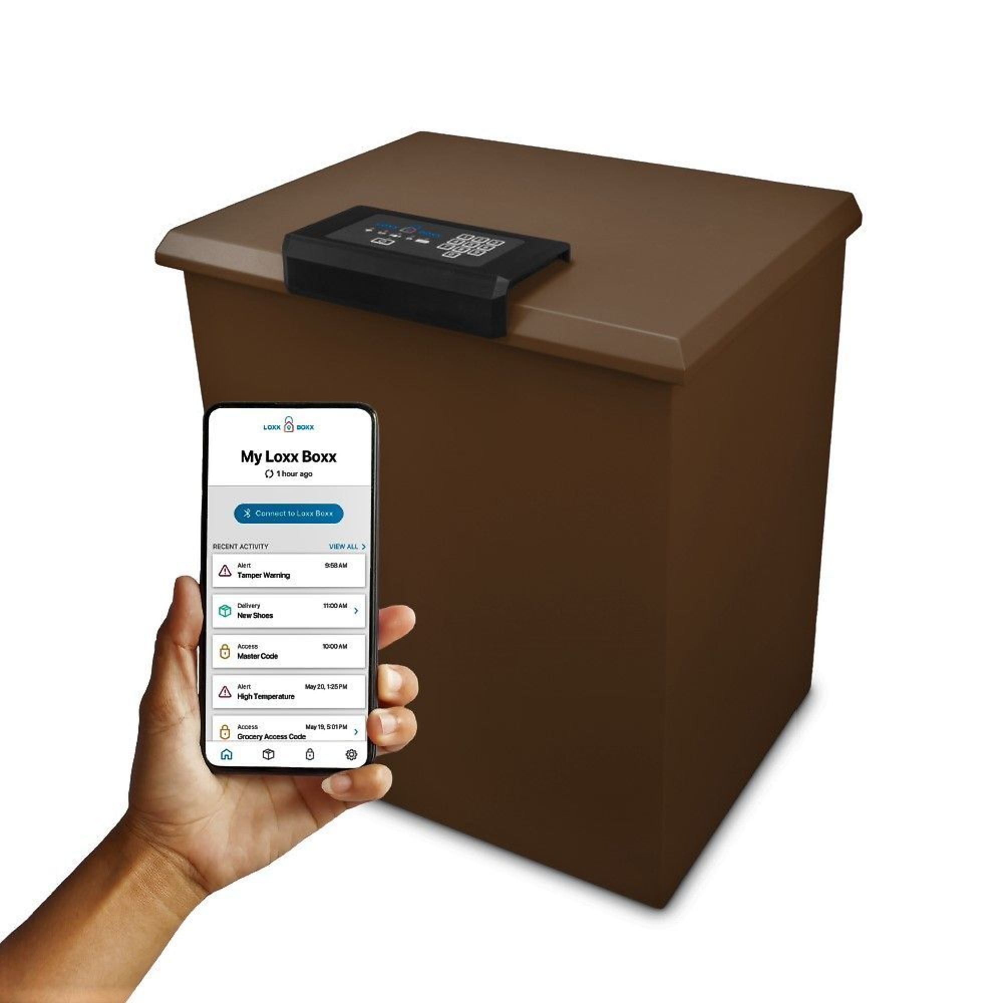 LOXX BOXX LLC, LTE Wi-Fi Smart Package Locker w/ Solar Charger, Height 24.5 in, Width 21.375 in, Color Brown, Model LB2_MDBOX_NB_LTE_BDL