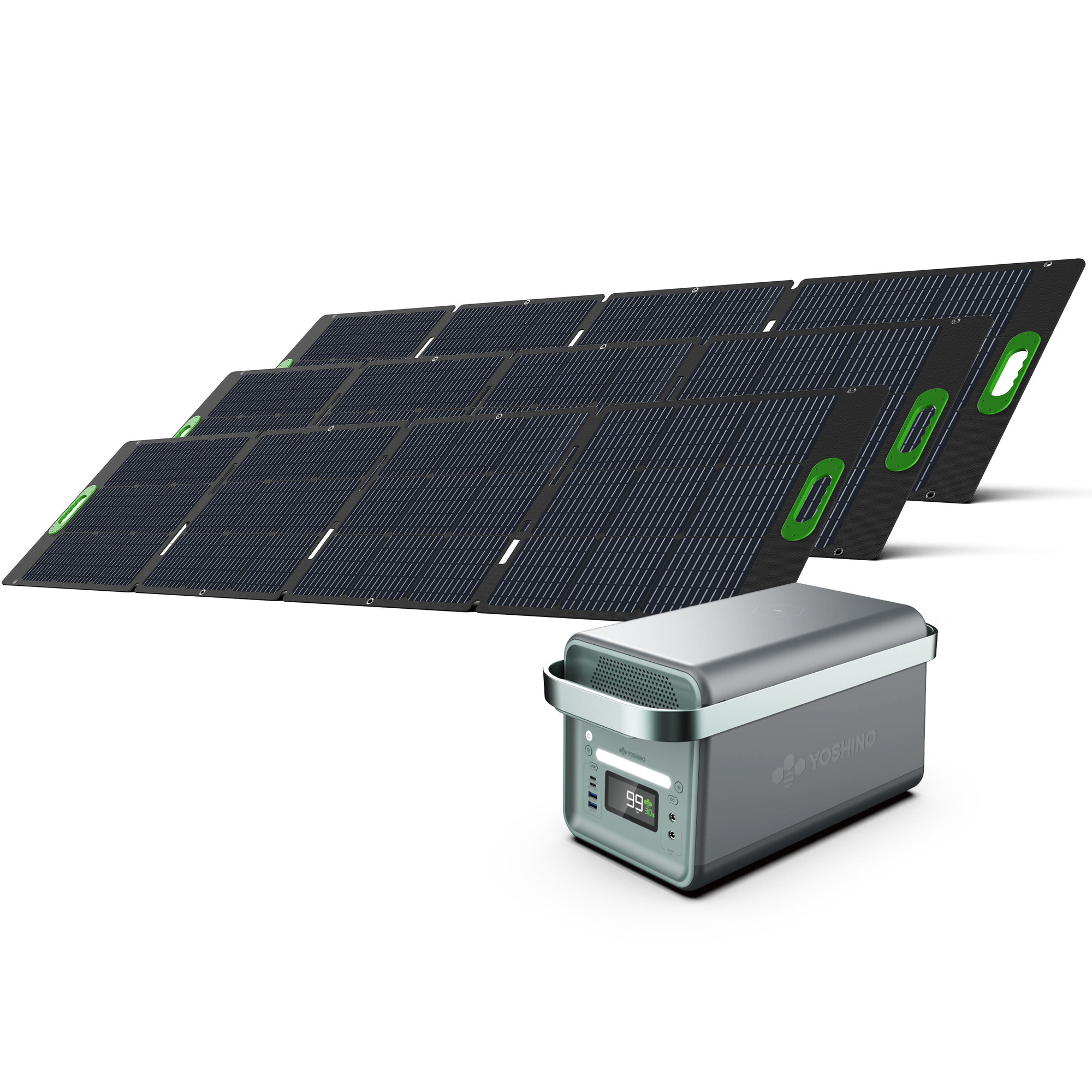 Yoshino, SS Portable Solar Generator 2000W + (3)200W Panels, Running Watts 2000, Surge Watts 3000, Model K20SP23