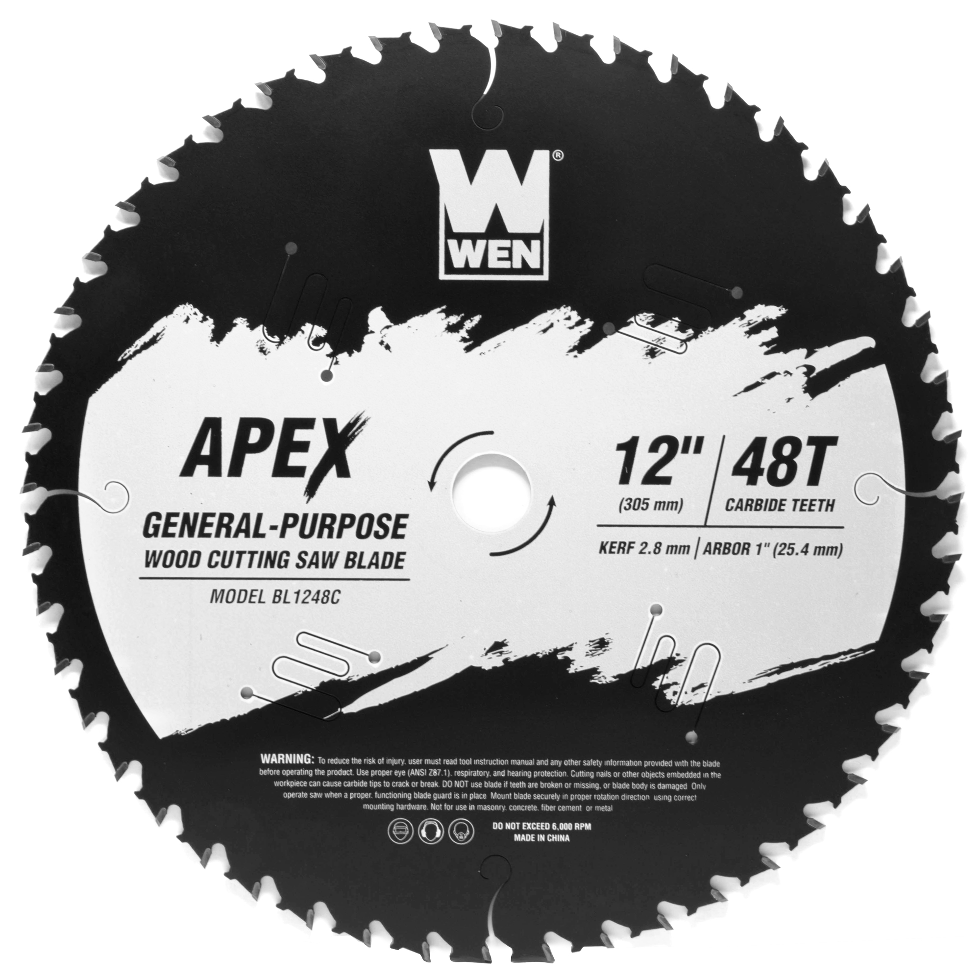 WEN, Apex 12Inch 48T Carbide-Tipped Woodworking Saw Blade, Blade Diameter 12 in, Included (qty.) 1, Model BL1248C