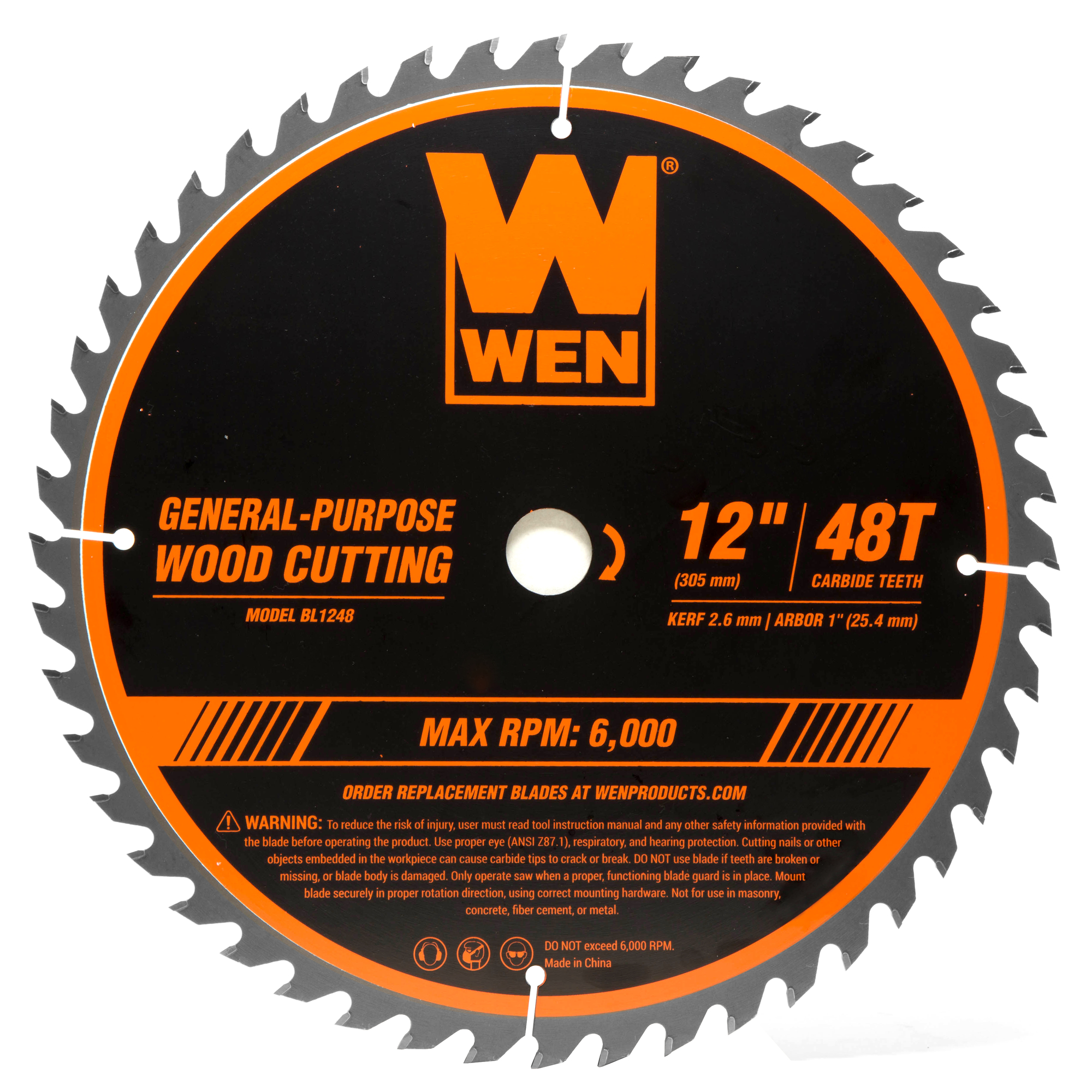 WEN, 12Inch 48-Tooth Carbide-Tipped Woodworking Saw Blade, Blade Diameter 12 in, Included (qty.) 1, Model BL1248