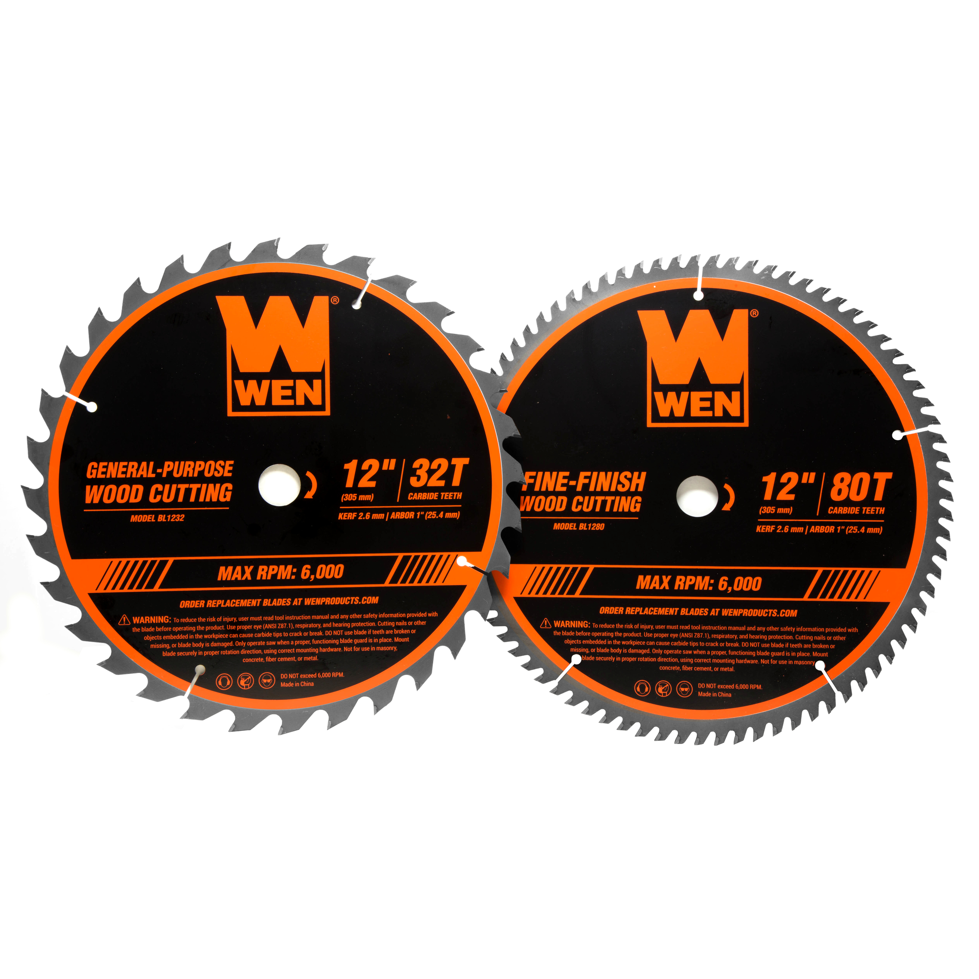 WEN, 12Inch 32T and 80T Woodworking Saw Blade Set,Two Pack, Blade Diameter 12 in, Included (qty.) 2, Model BL1232-2