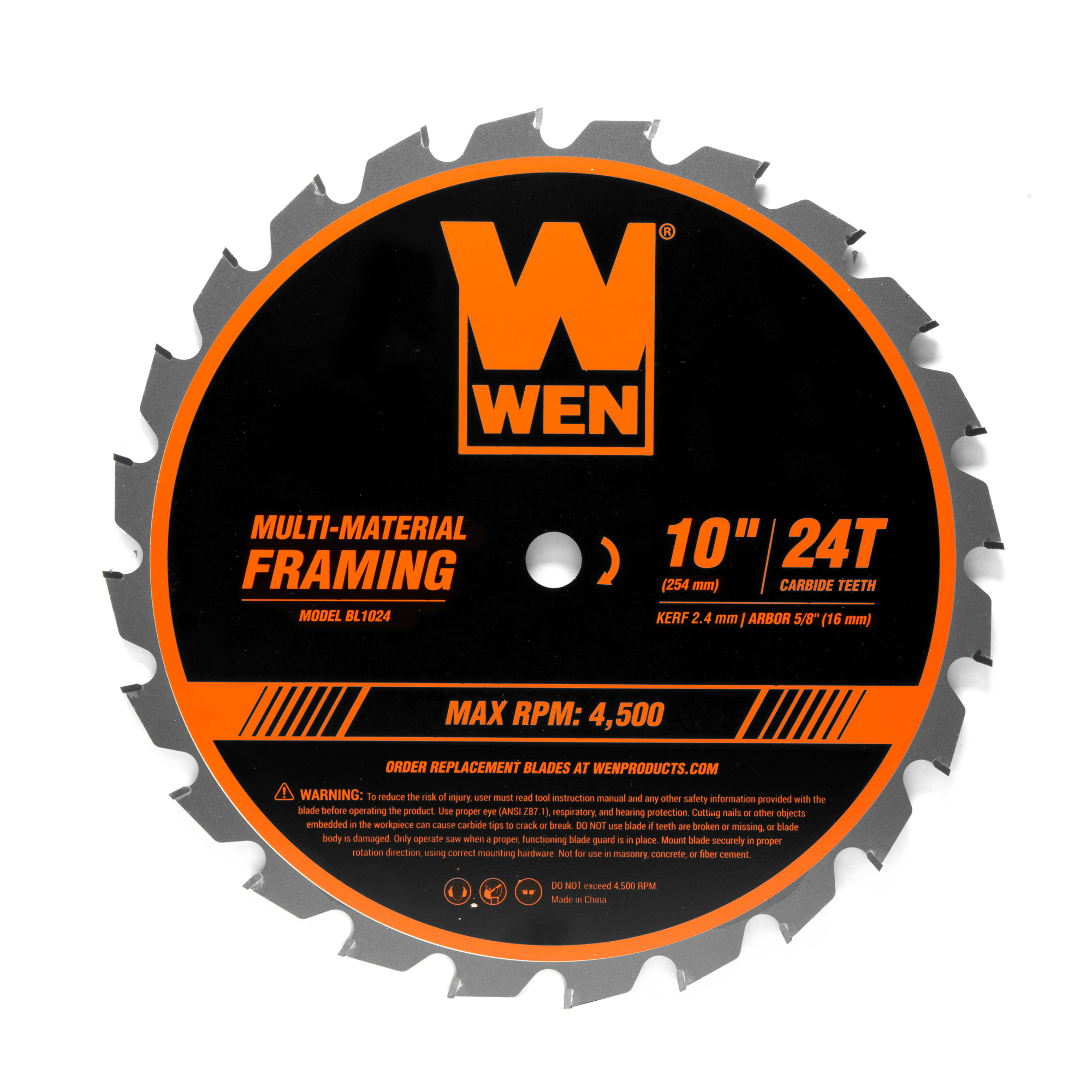 WEN, 10Inch 24-Tooth Carbide-Tipped Framing Saw Blade, Blade Diameter 10 in, Included (qty.) 1, Model BL1024