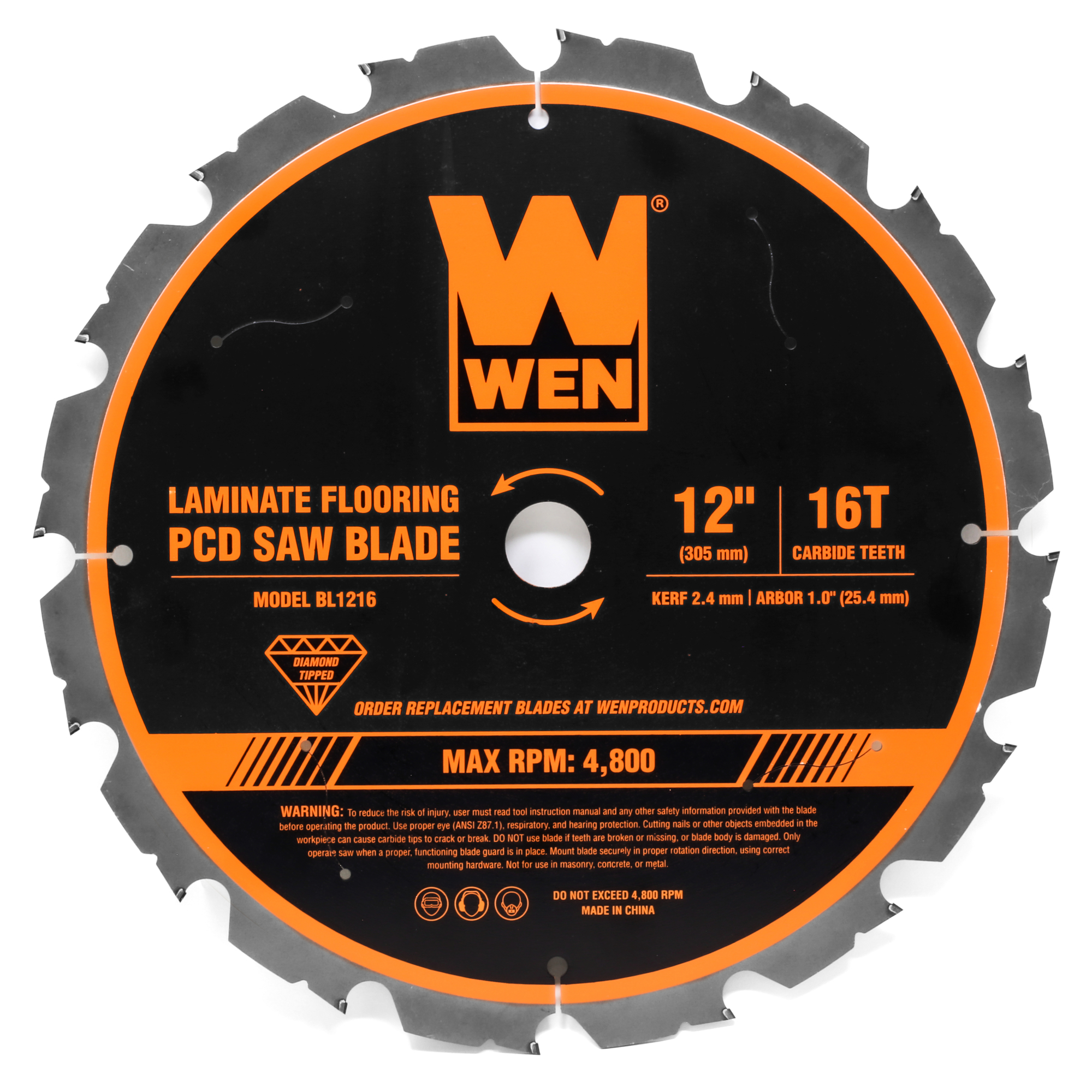 WEN, 12Inch 16-Tooth Diamond-Tipped Circular Saw Blade, Blade Diameter 12 in, Included (qty.) 1, Model BL1216