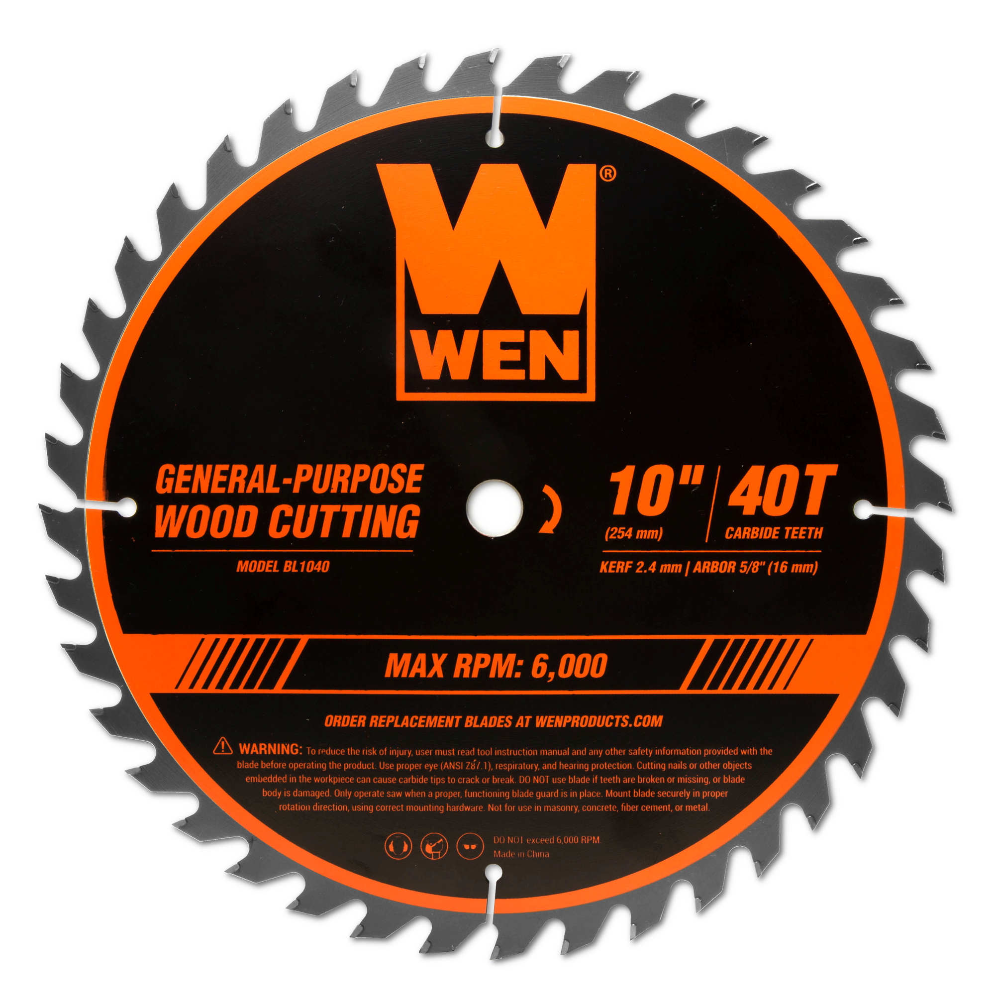 WEN, 10Inch 40-Tooth Carbide-Tipped Woodworking Saw Blade, Blade Diameter 10 in, Included (qty.) 1, Model BL1040