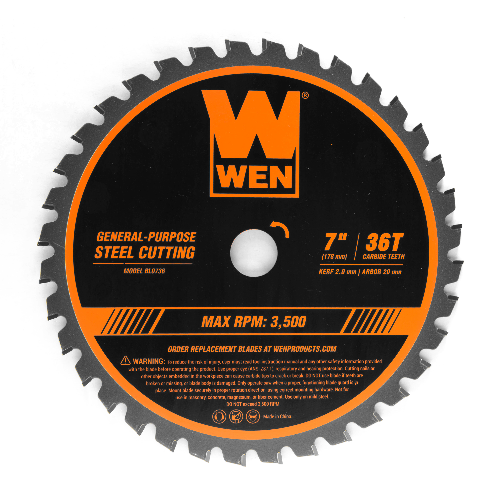 WEN, 7Inch 36-Tooth Carbide-Tipped Saw Blade for Steel Cut, Blade Diameter 7 in, Included (qty.) 1, Model BL0736