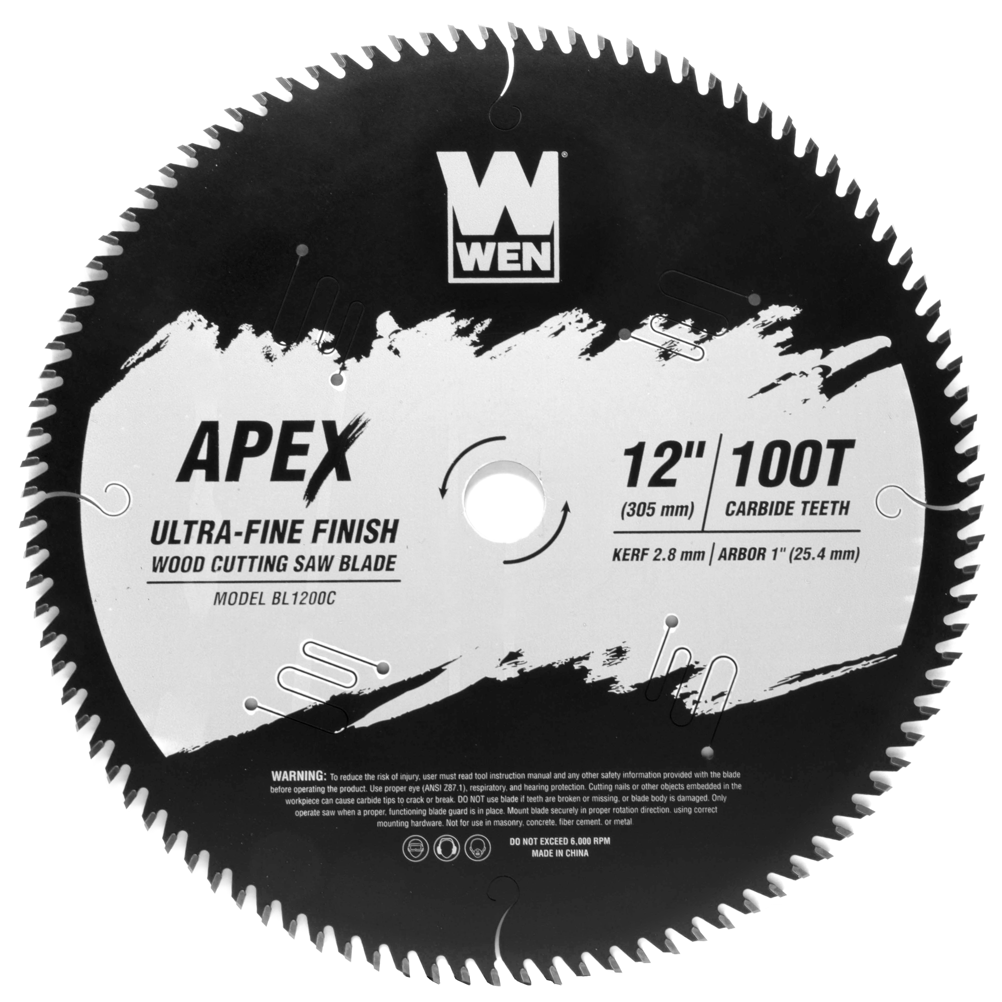 WEN, Apex 12Inch 100T Carbide-Tipped Woodworking Saw Blade, Blade Diameter 12 in, Included (qty.) 1, Model BL1200C