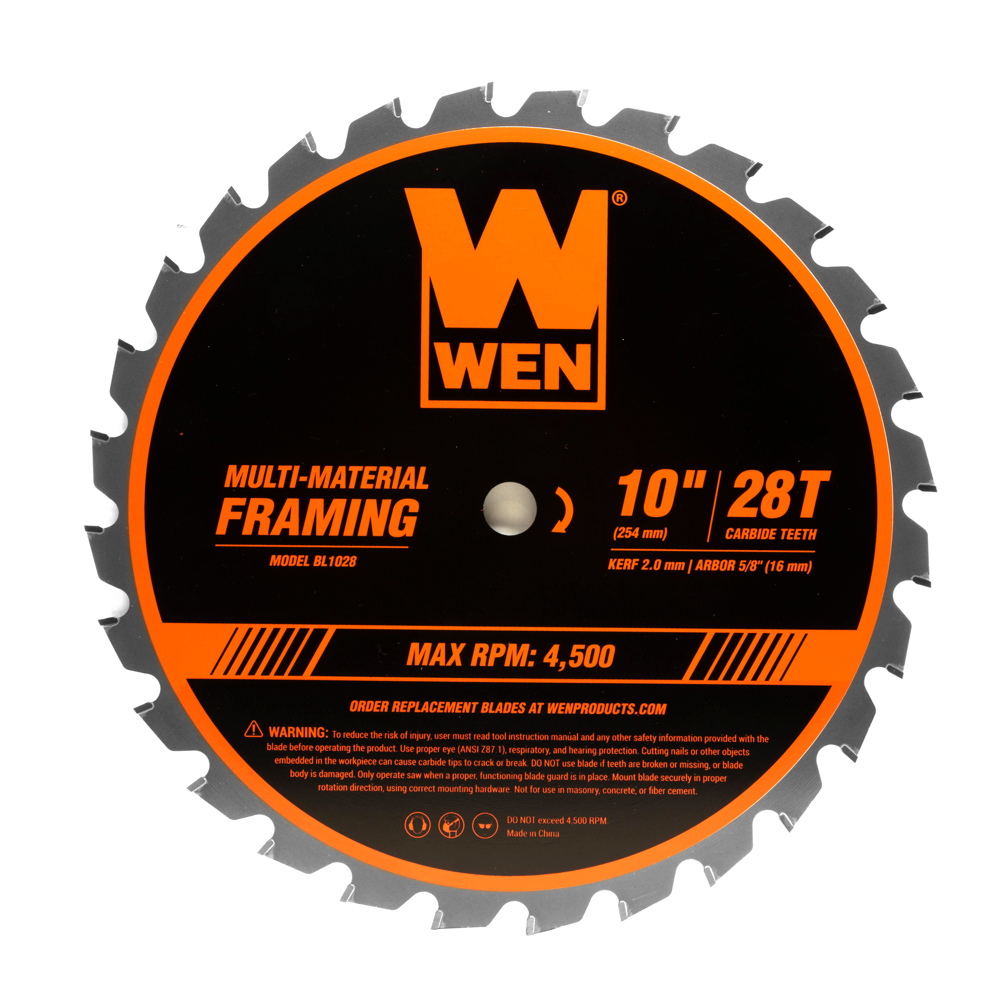 WEN, 10Inch 28-Tooth Carbide-Tipped Framing Saw Blade, Blade Diameter 10 in, Included (qty.) 1, Model BL1028